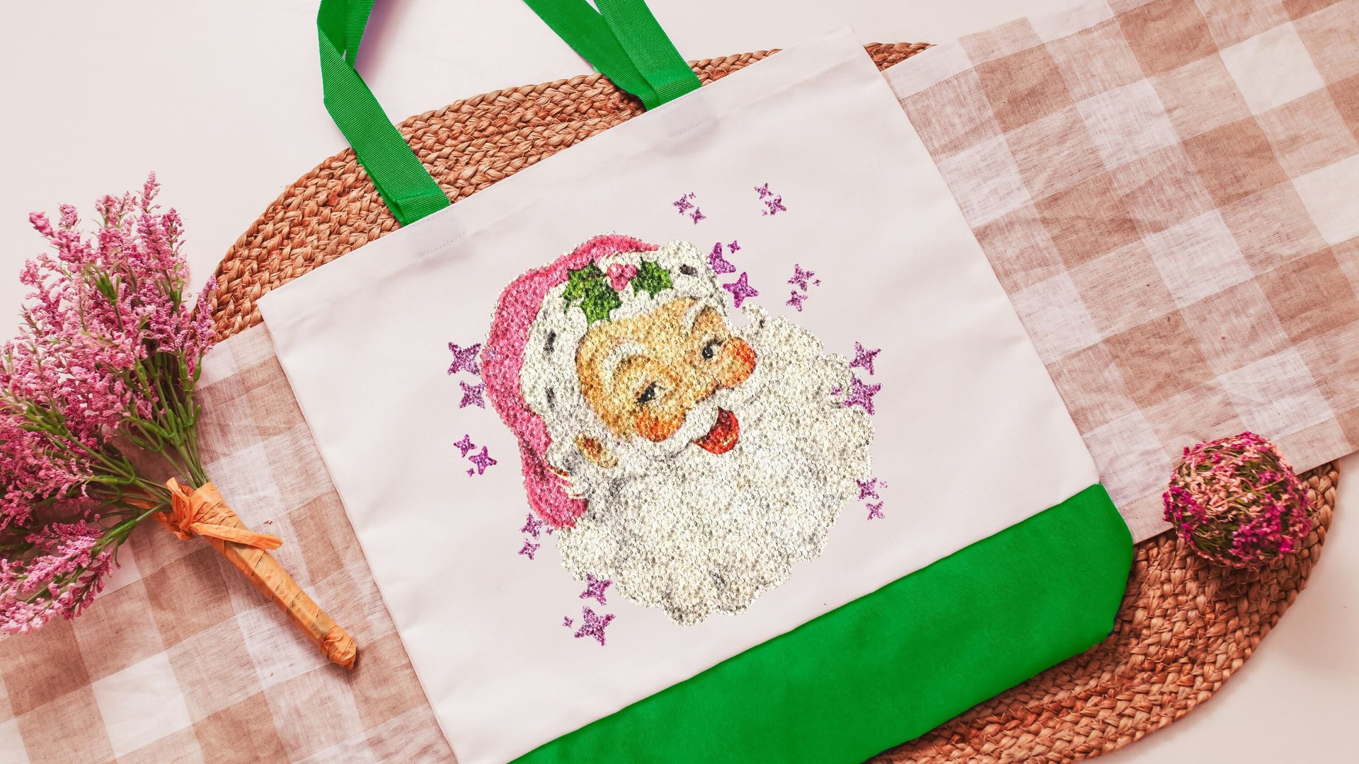 pink Santa tote bag for women, stocking stuffers for coworkers, cute Christmas gifts for preschool teachers, reusable shopping bag, pastel