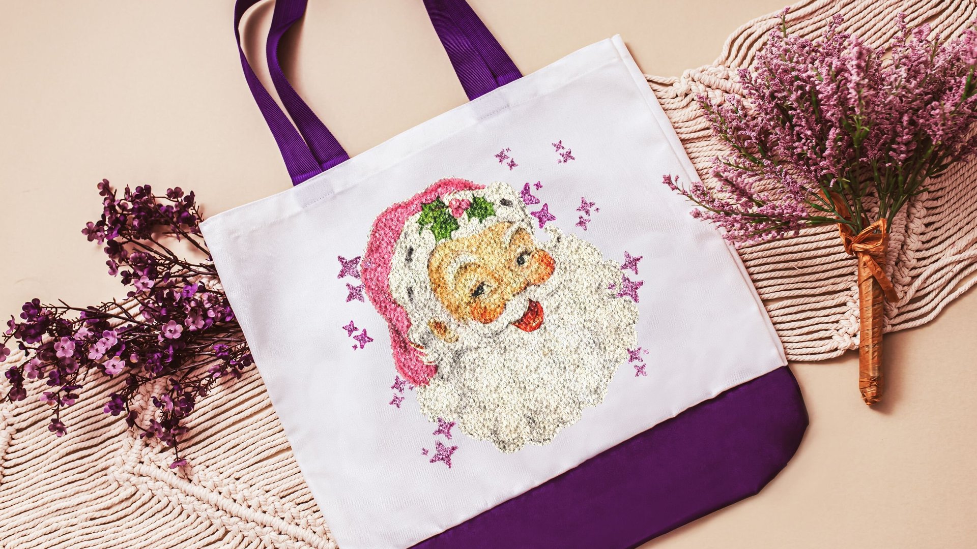 pink Santa tote bag for women, stocking stuffers for coworkers, cute Christmas gifts for preschool teachers, reusable shopping bag, pastel