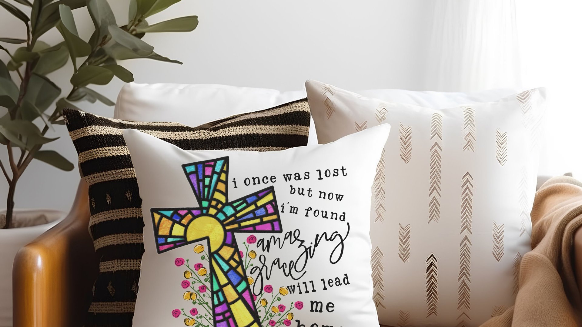 amazing grace floral decorative pillows for bed, Christian gifts for women sisters in Christ, stained glass cross throw pillows for couch