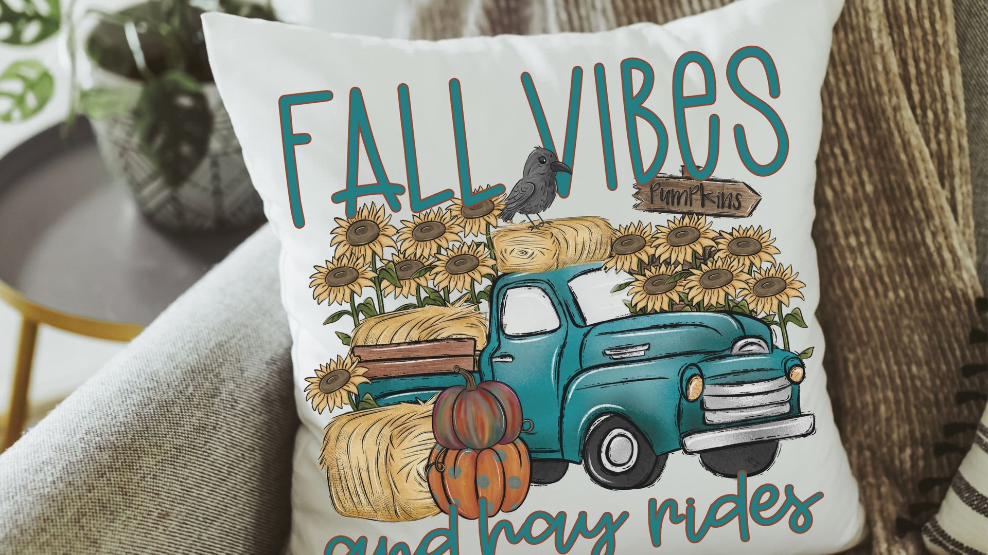 fall vibes and hayrides fall throw pillow covers 18 x 18, blue truck and pumpkin pillows for couch, sunflower gifts for women, autumn decor
