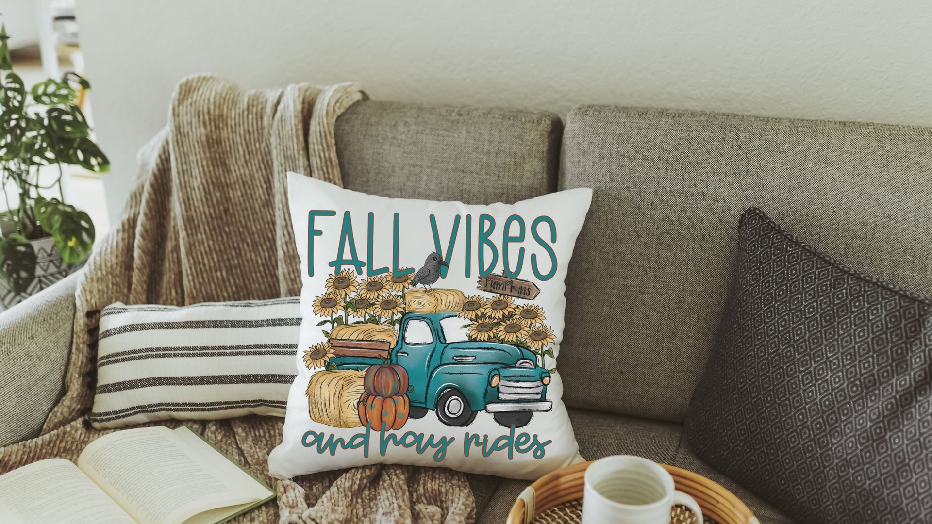 fall vibes and hayrides fall throw pillow covers 18 x 18, blue truck and pumpkin pillows for couch, sunflower gifts for women, autumn decor