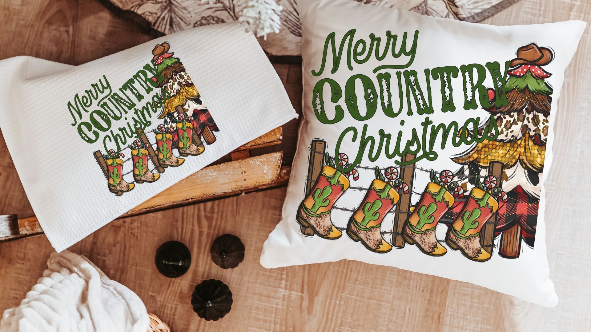 merry country Christmas throw pillows for sofa, cowboy Christmas tree Christmas kitchen towels, western Christmas decor for home, hostess