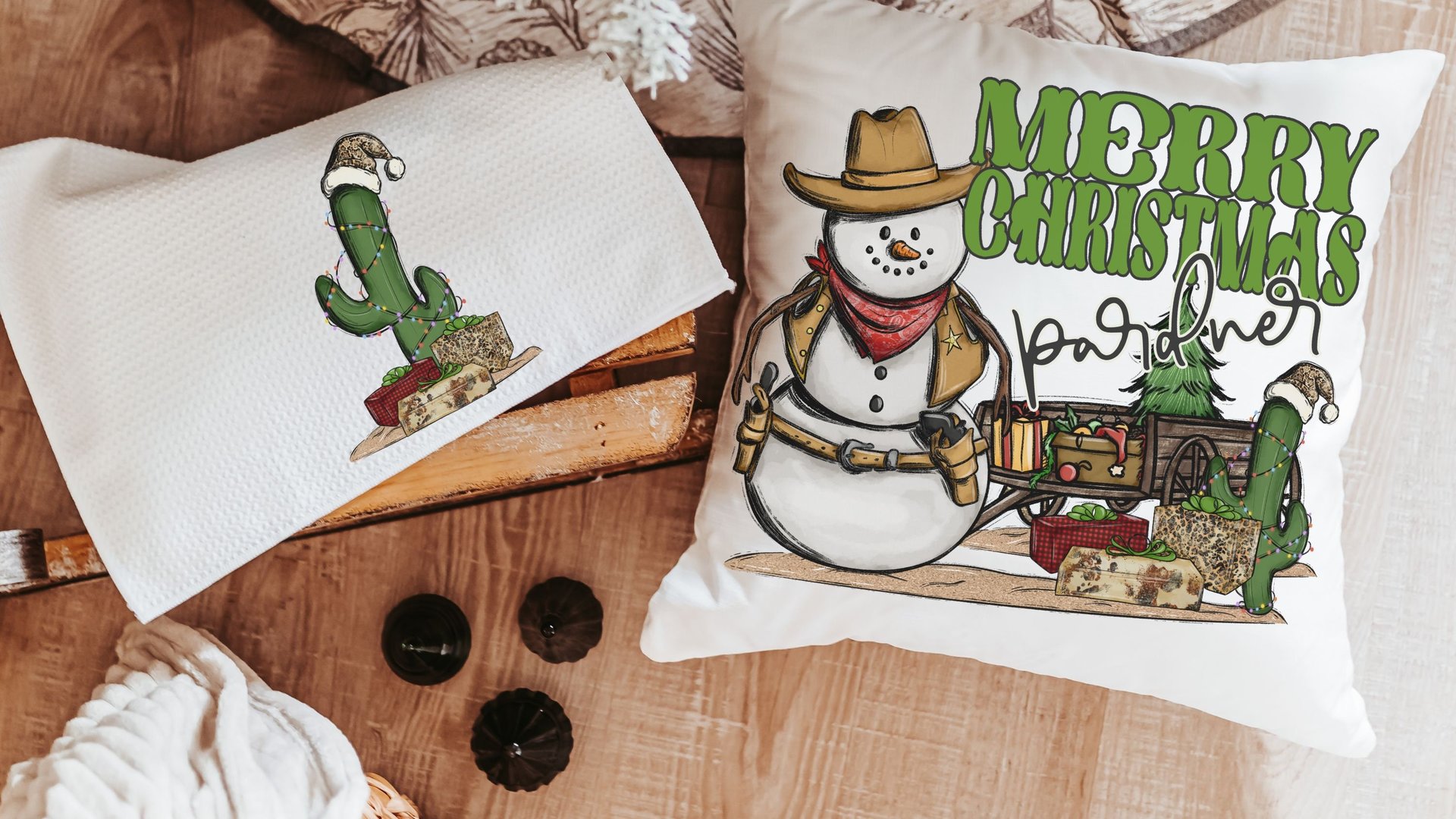 wild west cowboy snowman cute Christmas throw pillows for sofa, country western Christmas decor, cactus Christmas kitchen towel, funny