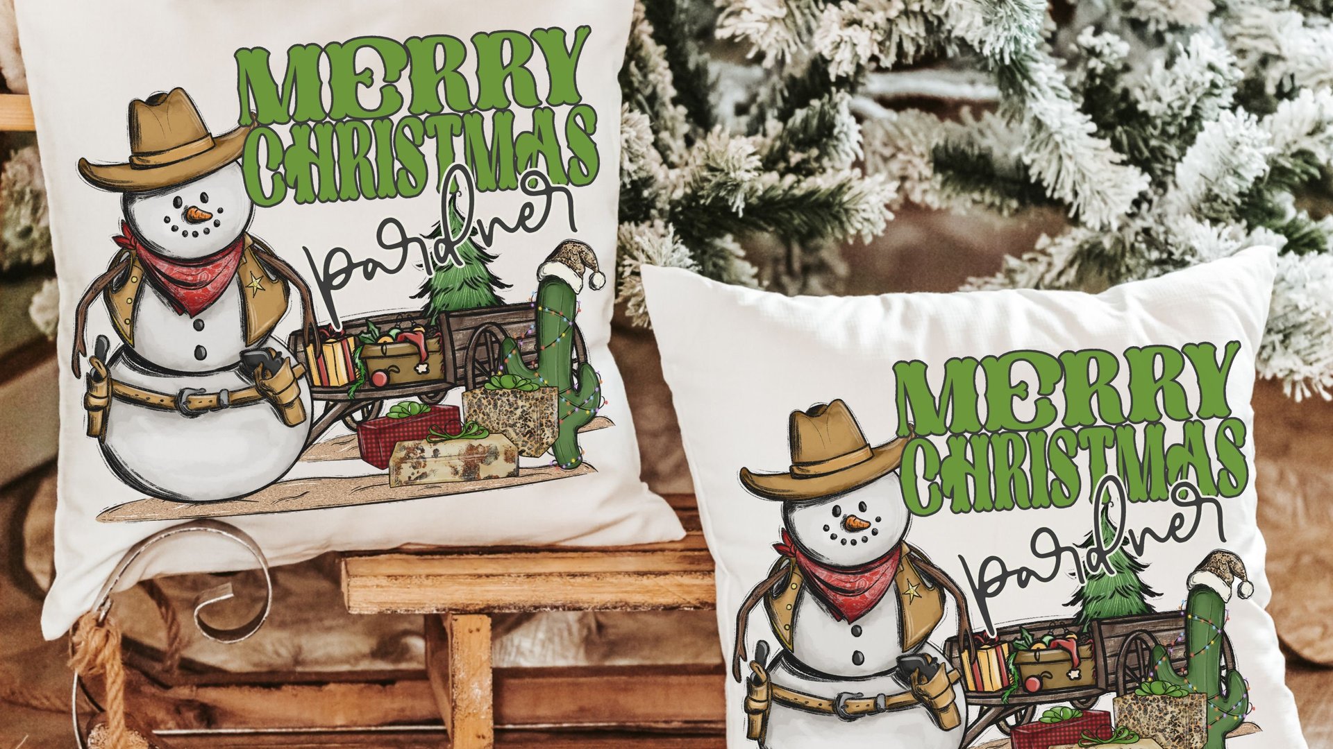 wild west cowboy snowman cute Christmas throw pillows for sofa, country western Christmas decor, cactus Christmas kitchen towel, funny