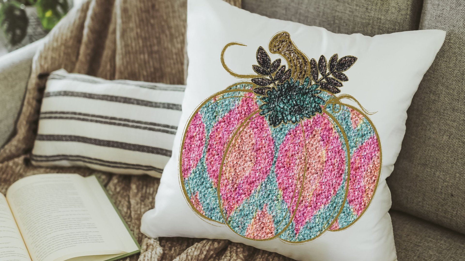 colorful pumpkin throw pillow covers 18x18, faux sequin turquoise pumpkin accent pillows for couch, cute pumpkin gifts, bright fall decor