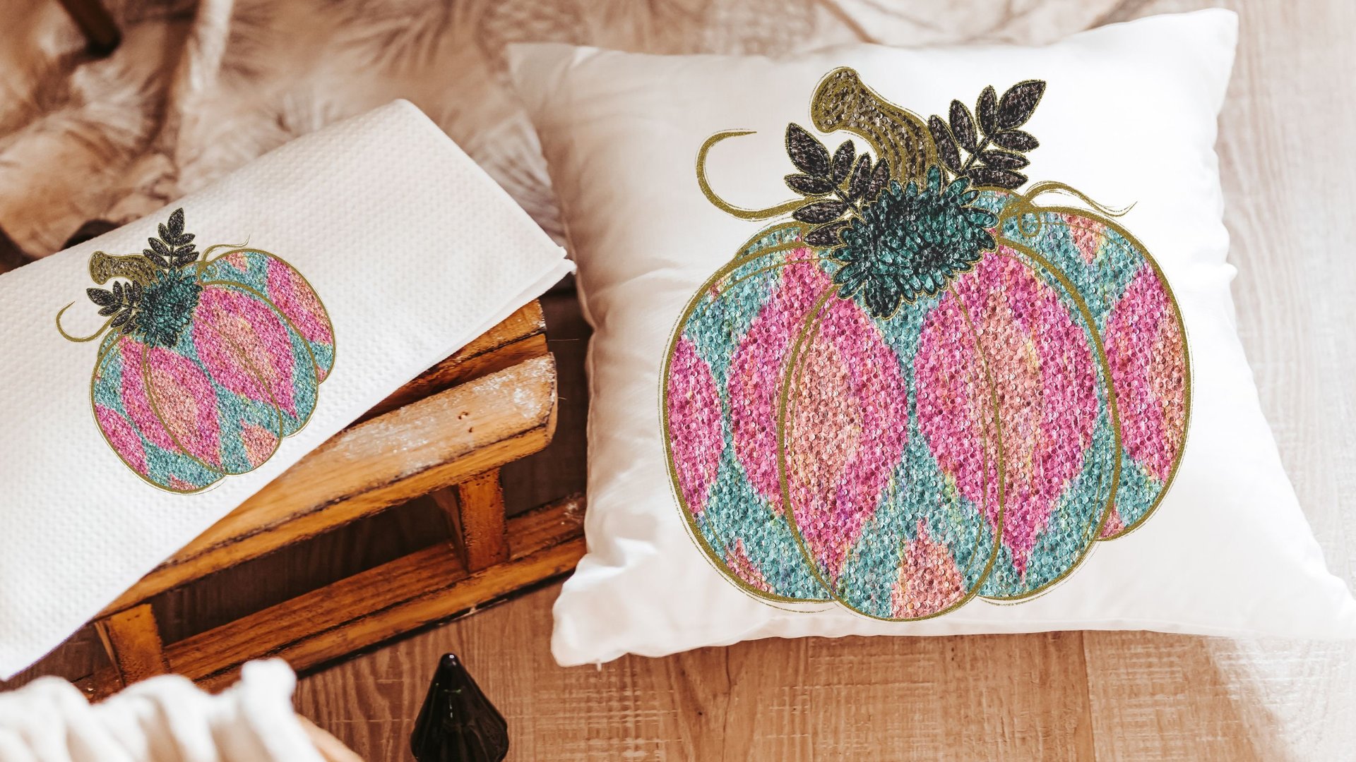 colorful pumpkin throw pillow covers 18x18, faux sequin turquoise pumpkin accent pillows for couch, cute pumpkin gifts, bright fall decor