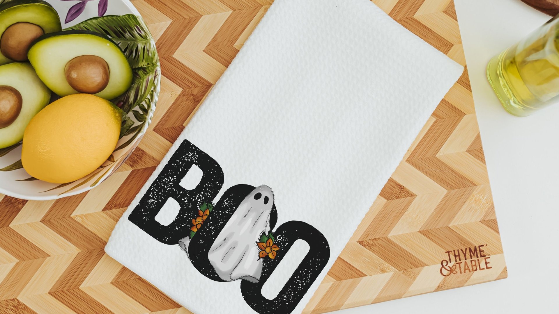 whimsical Halloween kitchen towel fall hand towels for bathroom, boo Halloween decorations for home, floral ghost kitchen decor, spooky cute