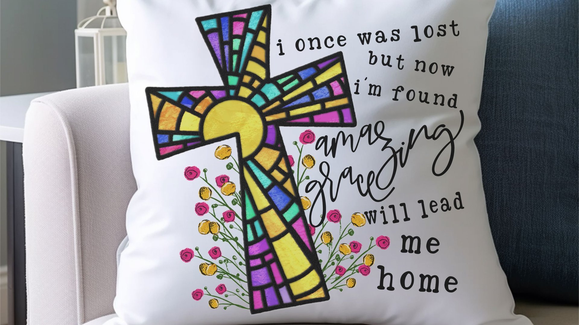 amazing grace floral decorative pillows for bed, Christian gifts for women sisters in Christ, stained glass cross throw pillows for couch