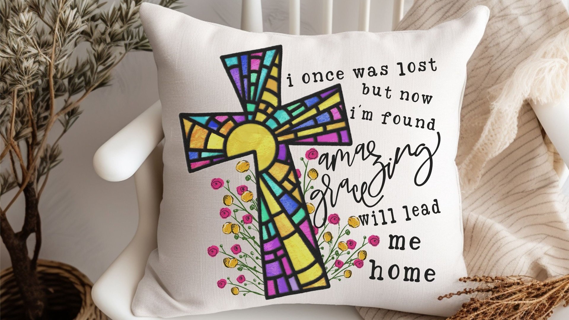 amazing grace floral decorative pillows for bed, Christian gifts for women sisters in Christ, stained glass cross throw pillows for couch