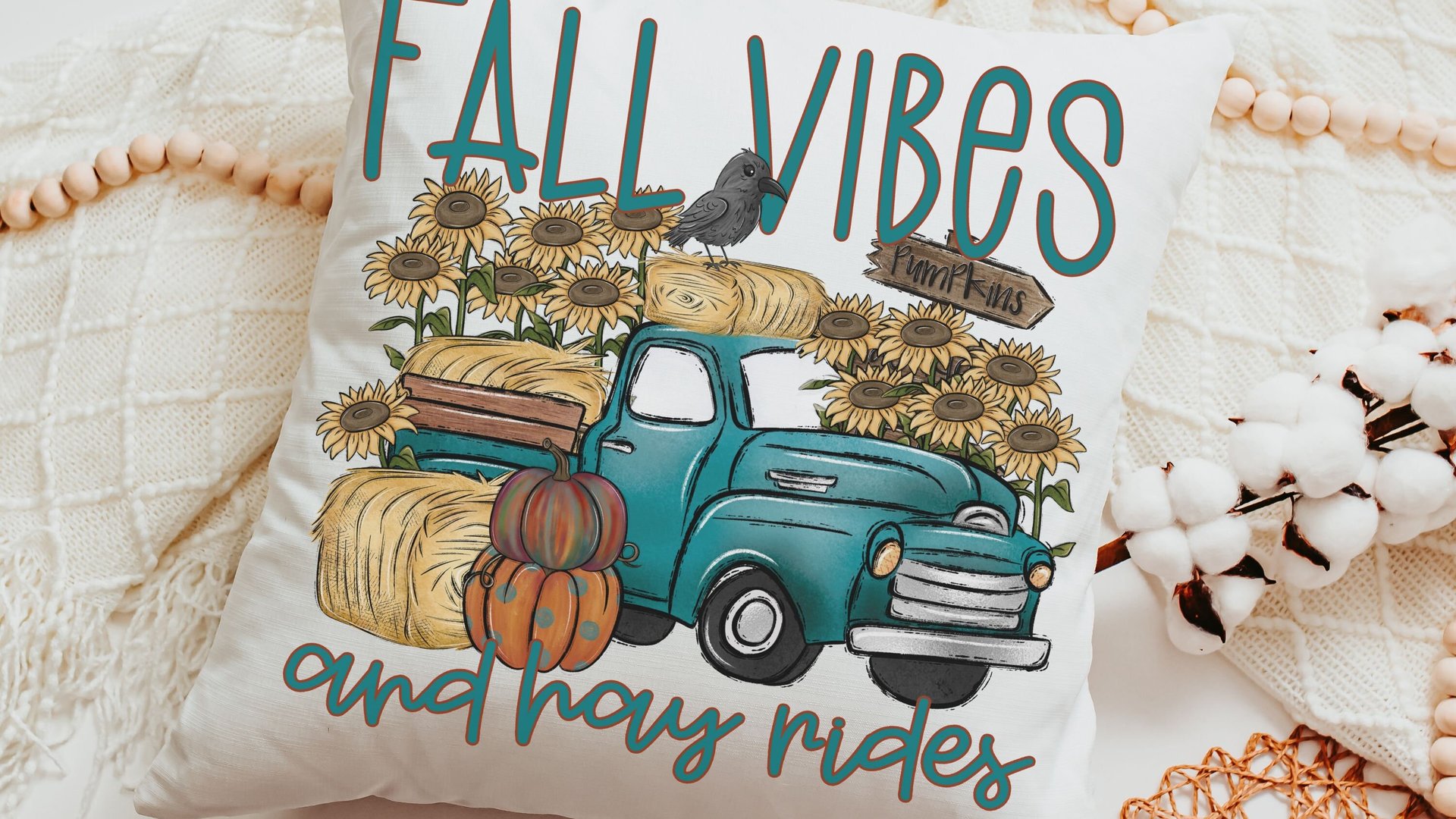 fall vibes and hayrides fall throw pillow covers 18 x 18, blue truck and pumpkin pillows for couch, sunflower gifts for women, autumn decor