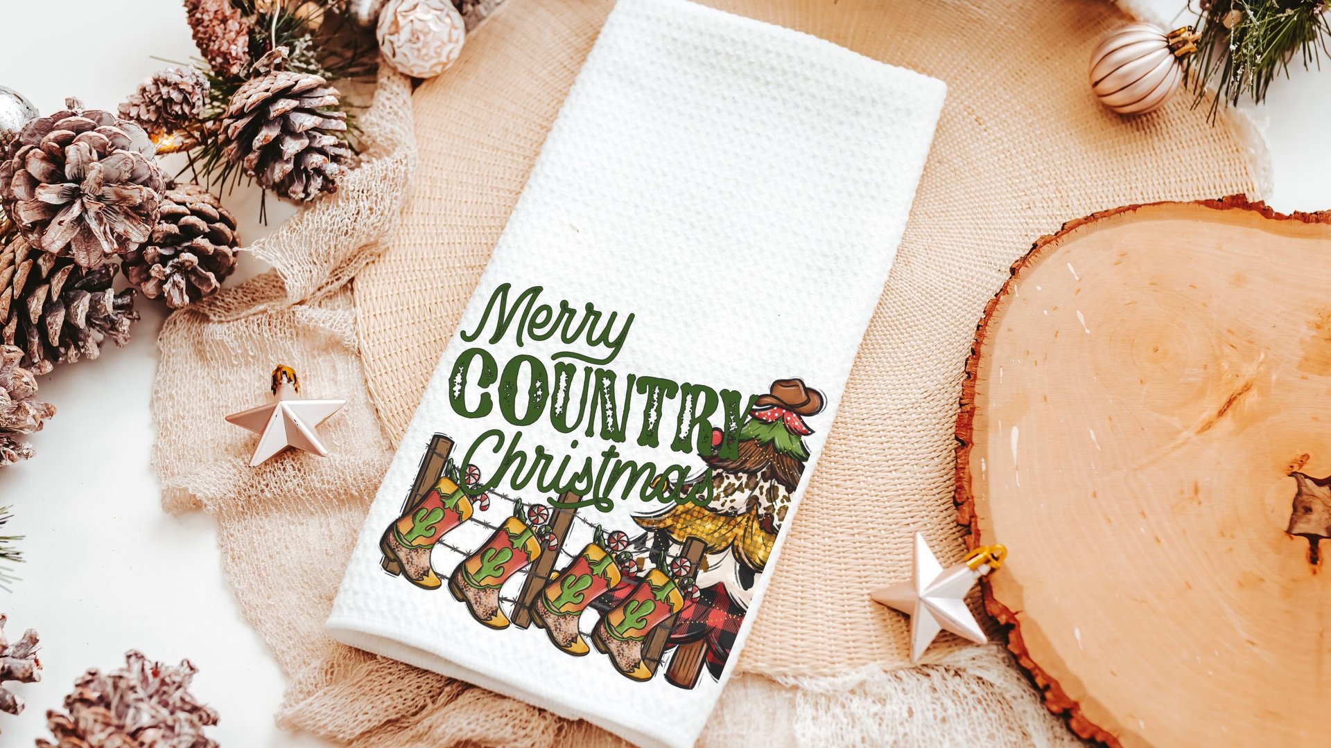 merry country Christmas throw pillows for sofa, cowboy Christmas tree Christmas kitchen towels, western Christmas decor for home, hostess