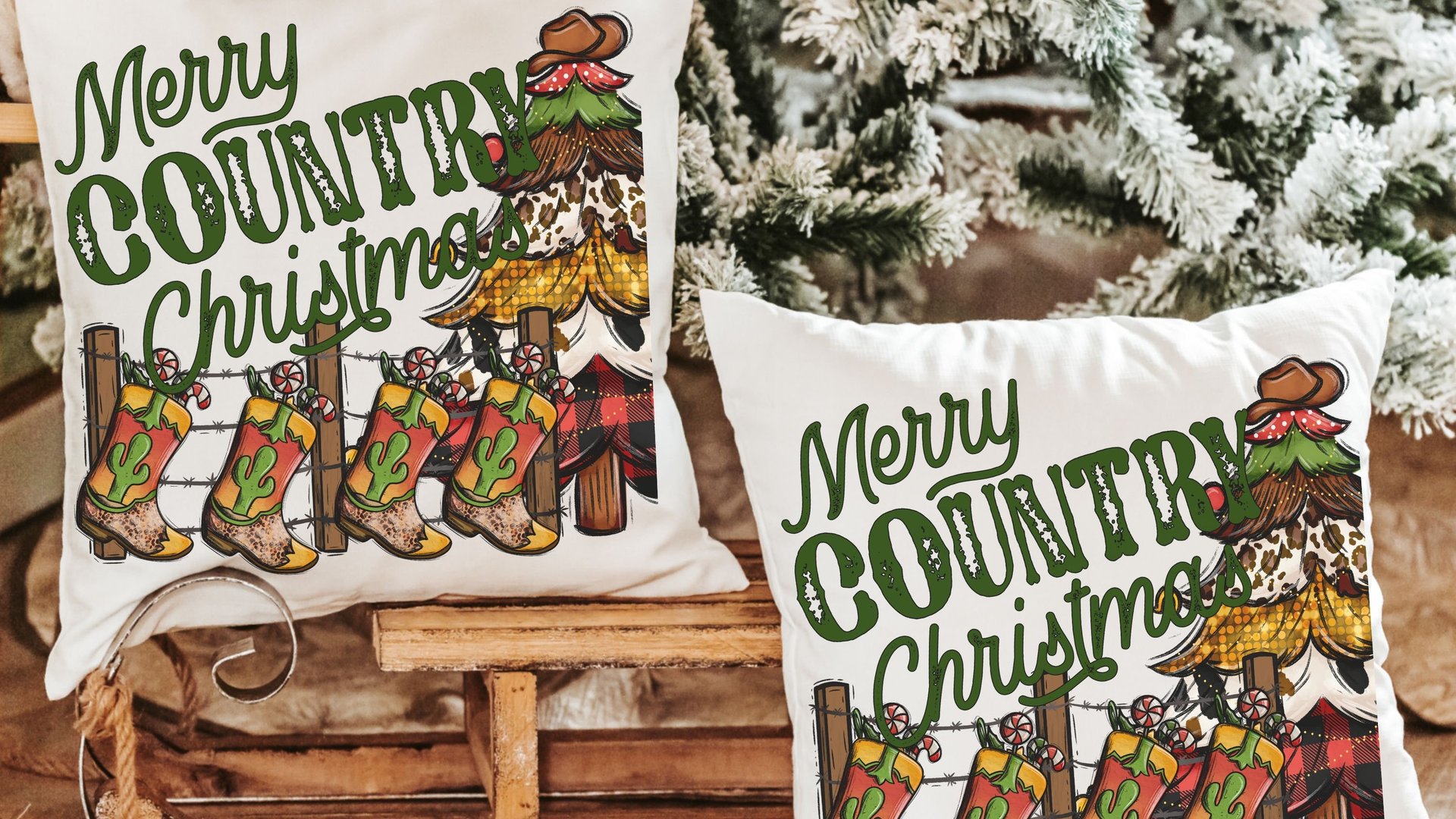 merry country Christmas throw pillows for sofa, cowboy Christmas tree Christmas kitchen towels, western Christmas decor for home, hostess