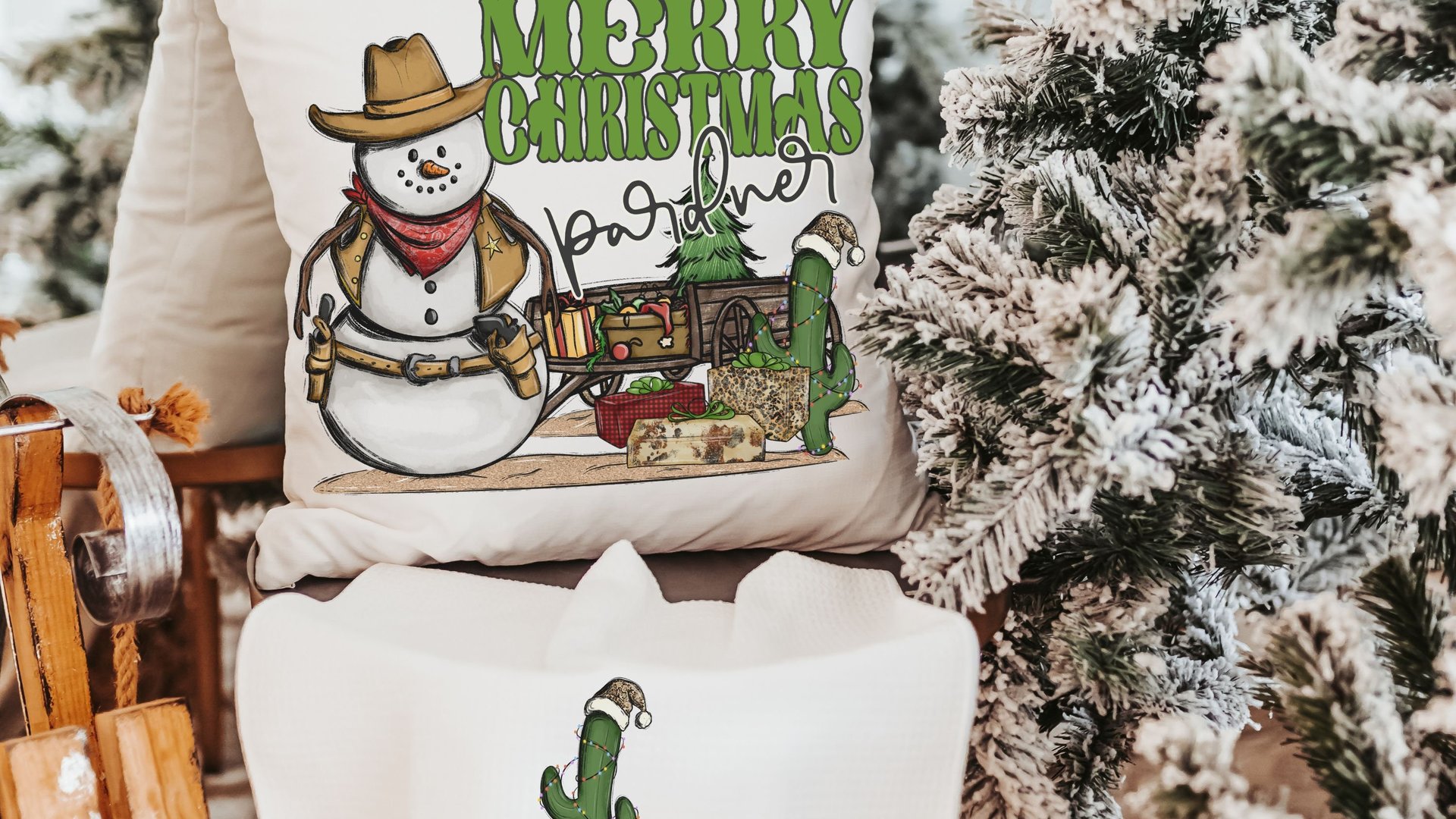 wild west cowboy snowman cute Christmas throw pillows for sofa, country western Christmas decor, cactus Christmas kitchen towel, funny