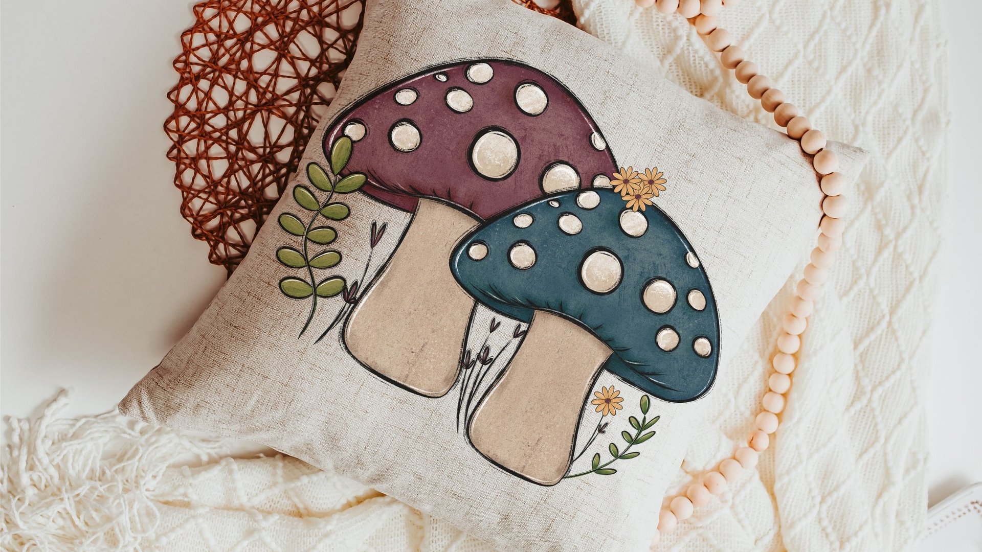 teal mushroom throw pillows for couch, dusty mauve toadstool decor, mushroom gifts for women, cottagecore decor, accent pillows for bedroom