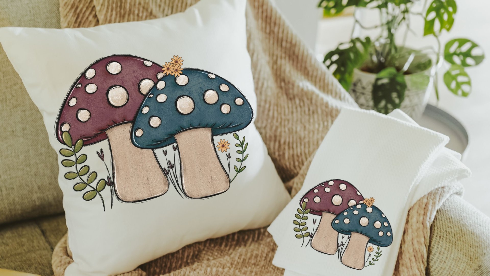 teal mushroom throw pillows for couch, dusty mauve toadstool decor, mushroom gifts for women, cottagecore decor, accent pillows for bedroom