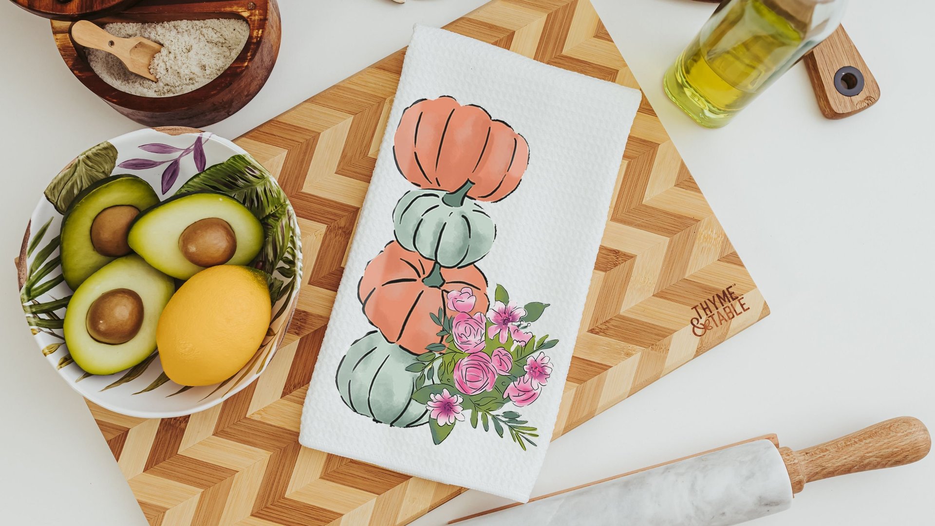 sage green pumpkin kitchen towels for friends, autumn kitchen decor for fall floral hand towels for bathroom, Thanksgiving hostess gifts for