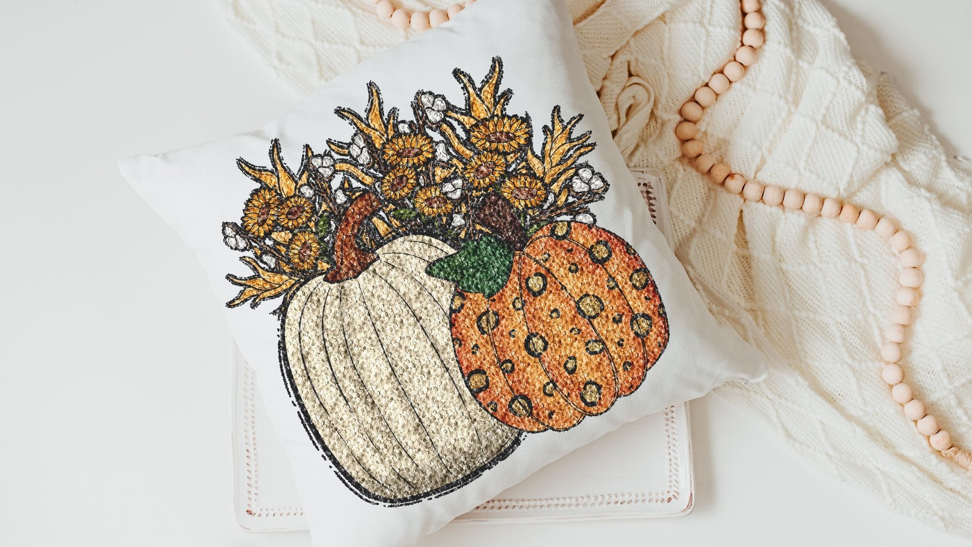 faux sequin sunflower throw pillow for sofa, fall decor for home, white pumpkin kitchen towel, Thanksgiving hostess gifts for women, orange