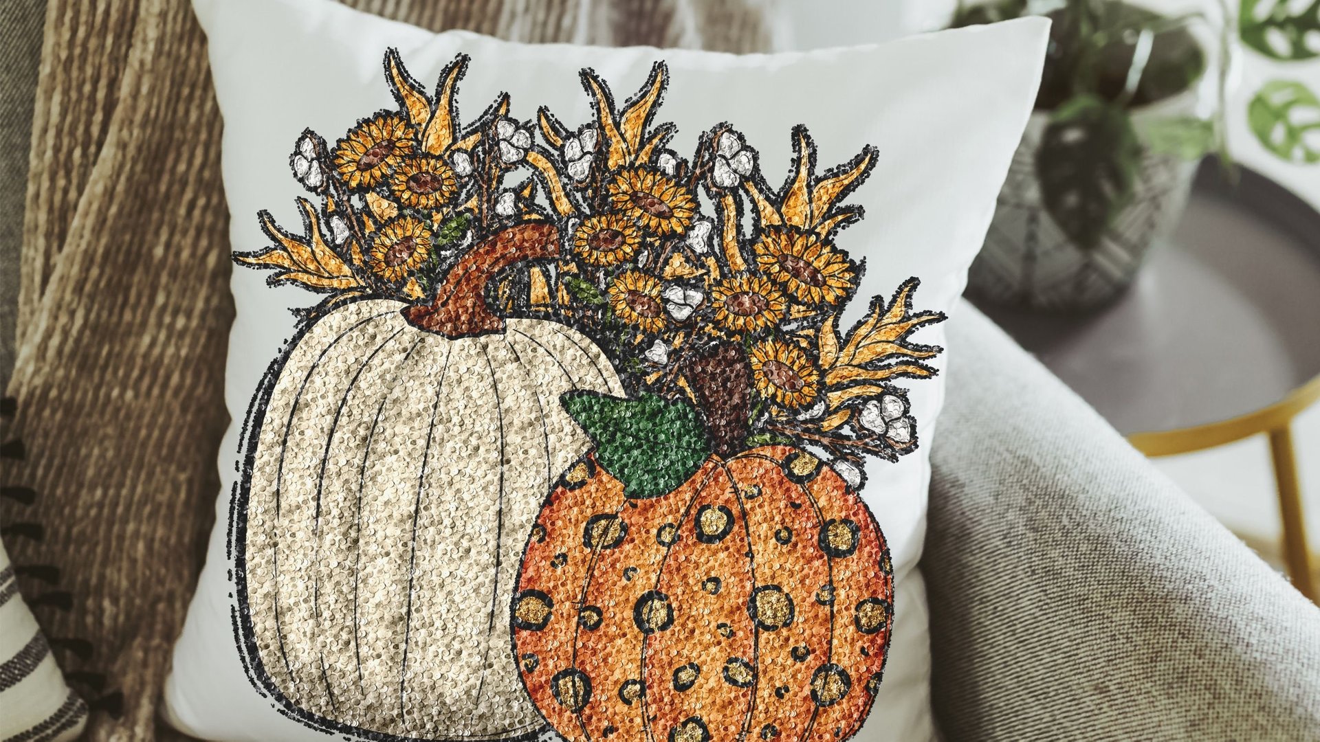 faux sequin sunflower throw pillow for sofa, fall decor for home, white pumpkin kitchen towel, Thanksgiving hostess gifts for women, orange