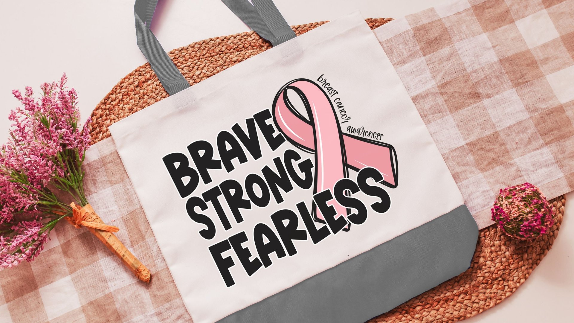 breast cancer awareness tote bag for women, brave strong fearless merch, breast cancer survivor gift, ring the bell end of chemo gift, save