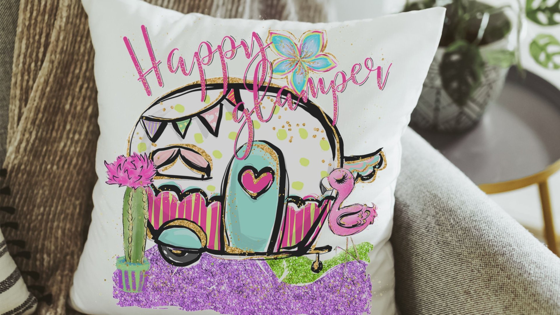 happy glamper funny kitchen towels for women, RV accessories for inside, cute camper hand towels for bathroom, glamping bachelorette party