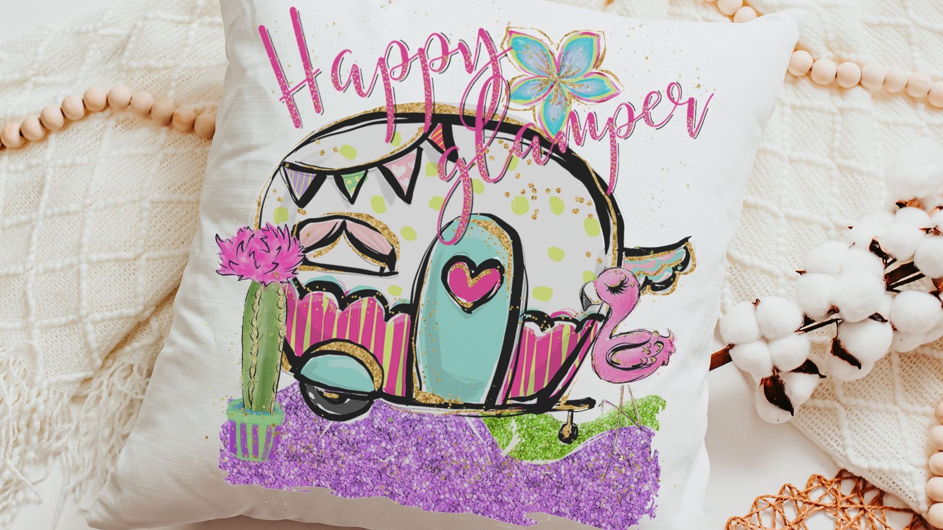 happy glamper funny kitchen towels for women, RV accessories for inside, cute camper hand towels for bathroom, glamping bachelorette party