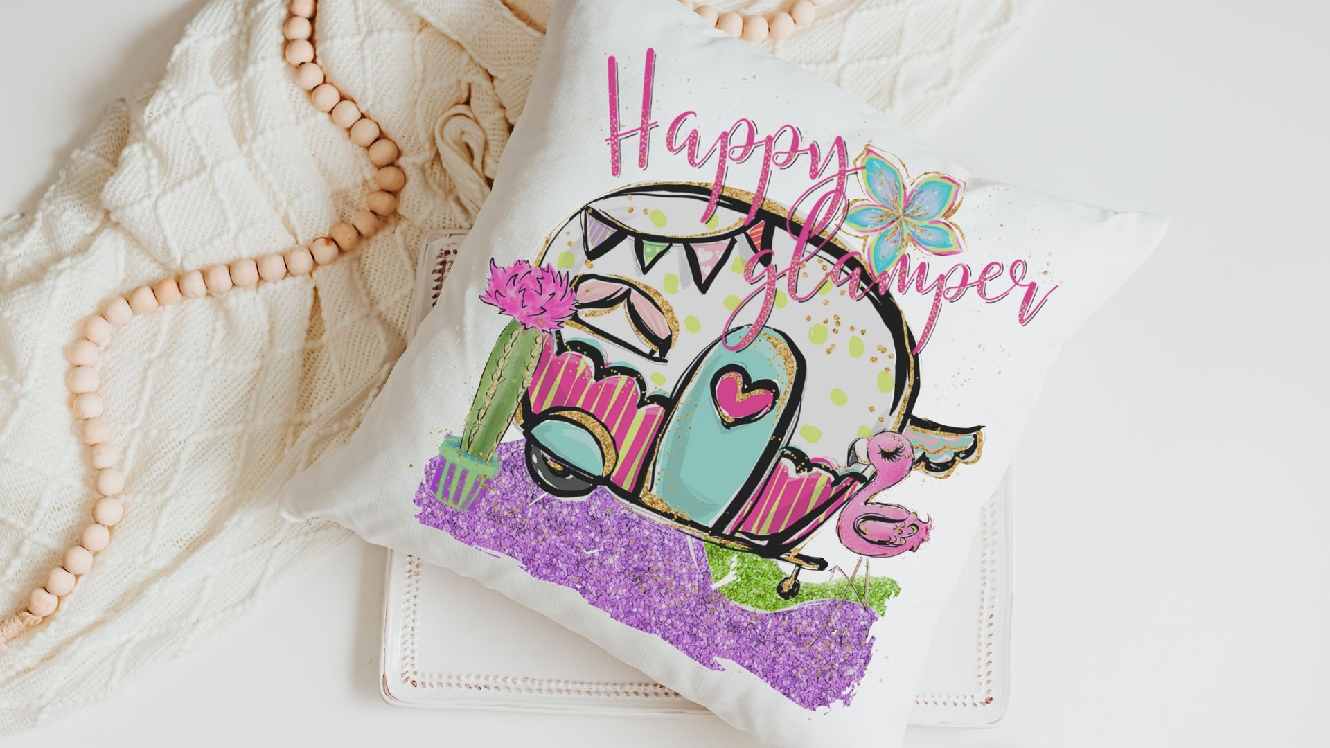 happy glamper funny kitchen towels for women, RV accessories for inside, cute camper hand towels for bathroom, glamping bachelorette party