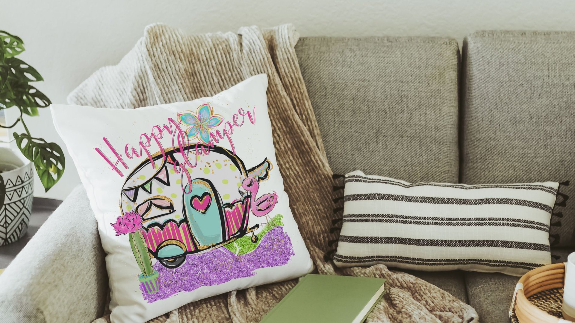 happy glamper funny kitchen towels for women, RV accessories for inside, cute camper hand towels for bathroom, glamping bachelorette party