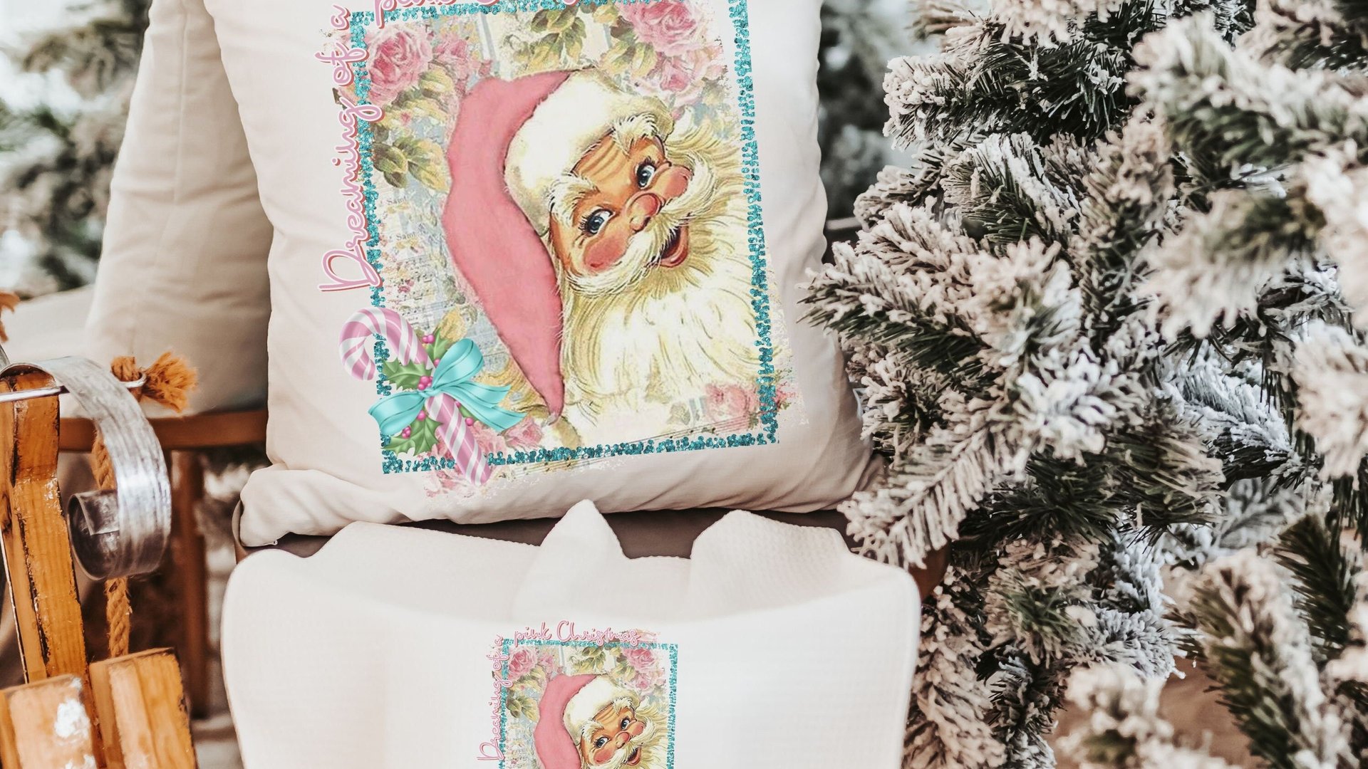 dreaming of a pink Christmas throw pillows for sofa, pastel Christmas decor, pink Santa kitchen towel, cute Christmas gift set for coworkers