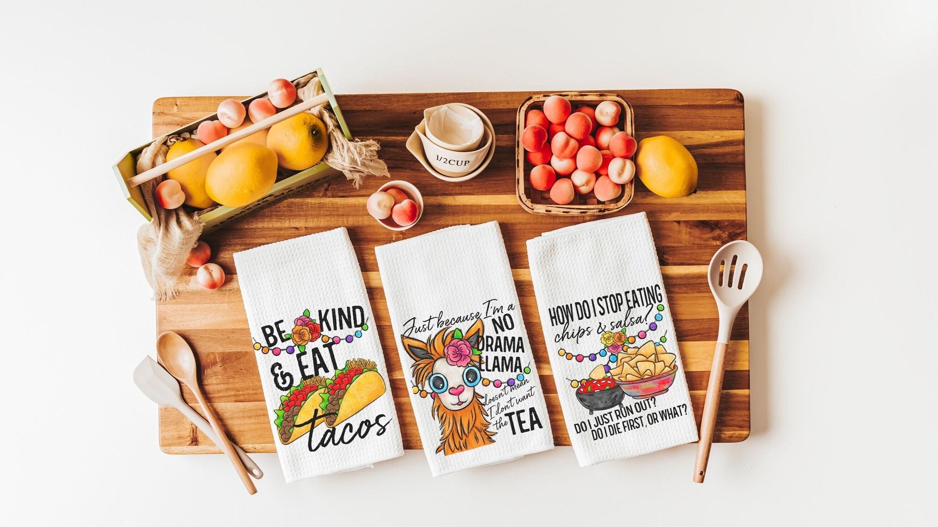 sassy kitchen towels for family, chips and salsa fiesta decor, taco gifts, funny hand towels for kitchen, no drama llama gifts for women