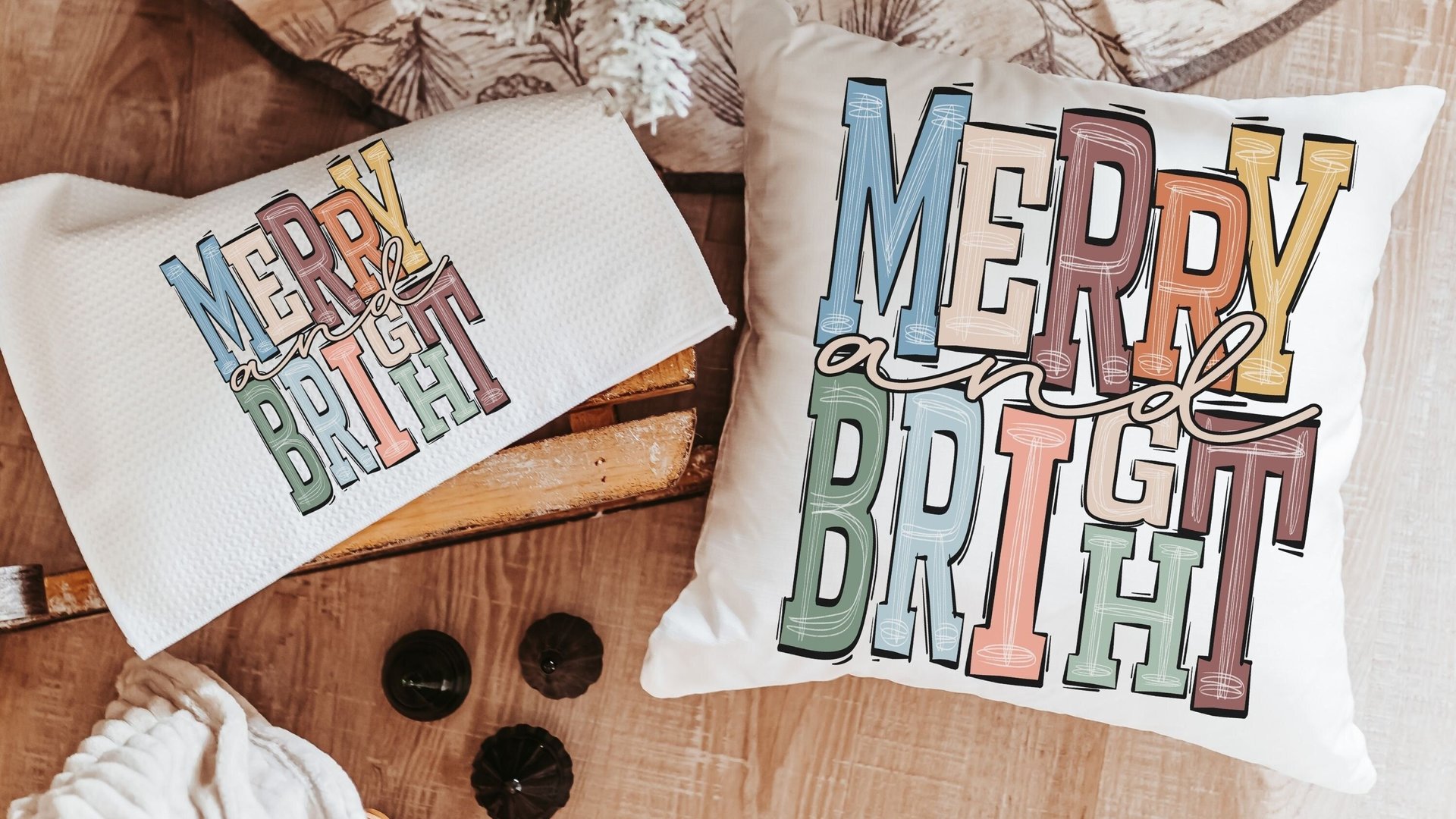 merry and bright cute Christmas throw pillow for sofa, trendy Christmas decor for home, boho Christmas kitchen towel, Christmas gift set new