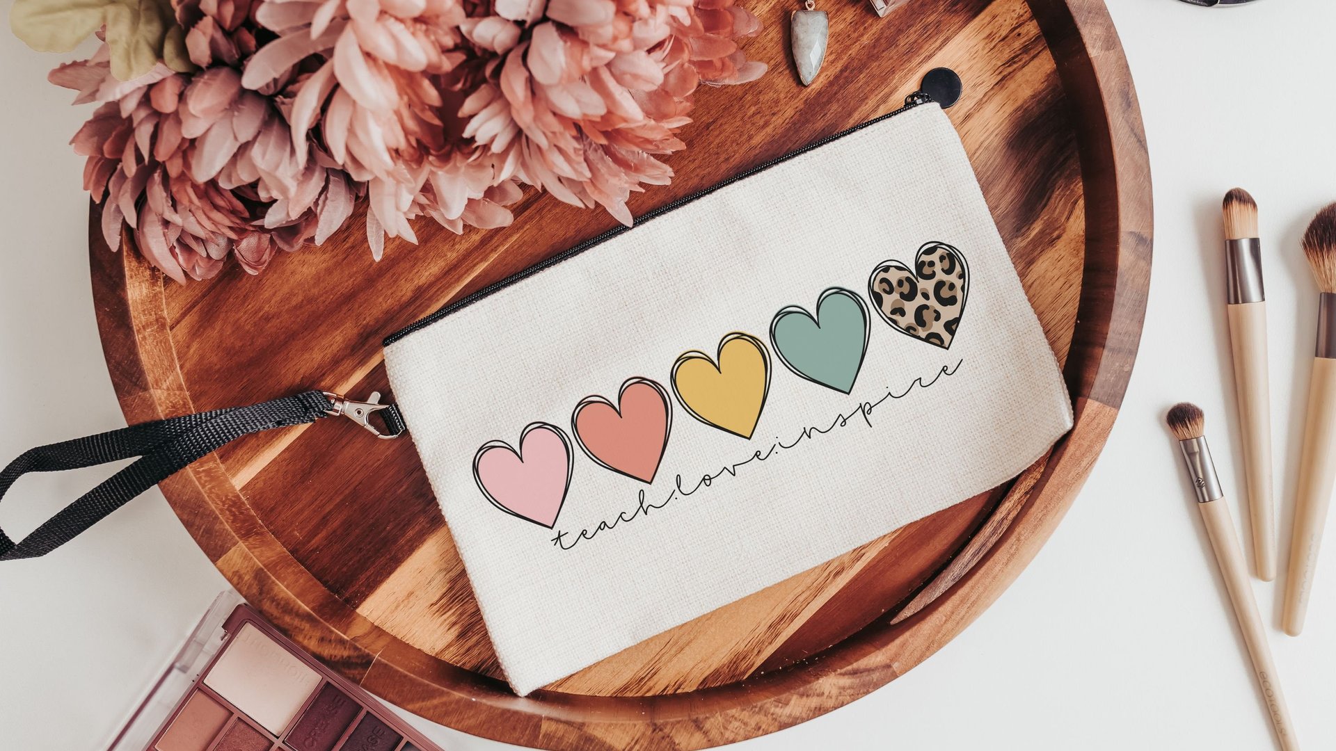 teach love inspire boho wristlet with strap, cute teacher gifts for women, first year teacher makeup bag for purse, best gifts for teachers