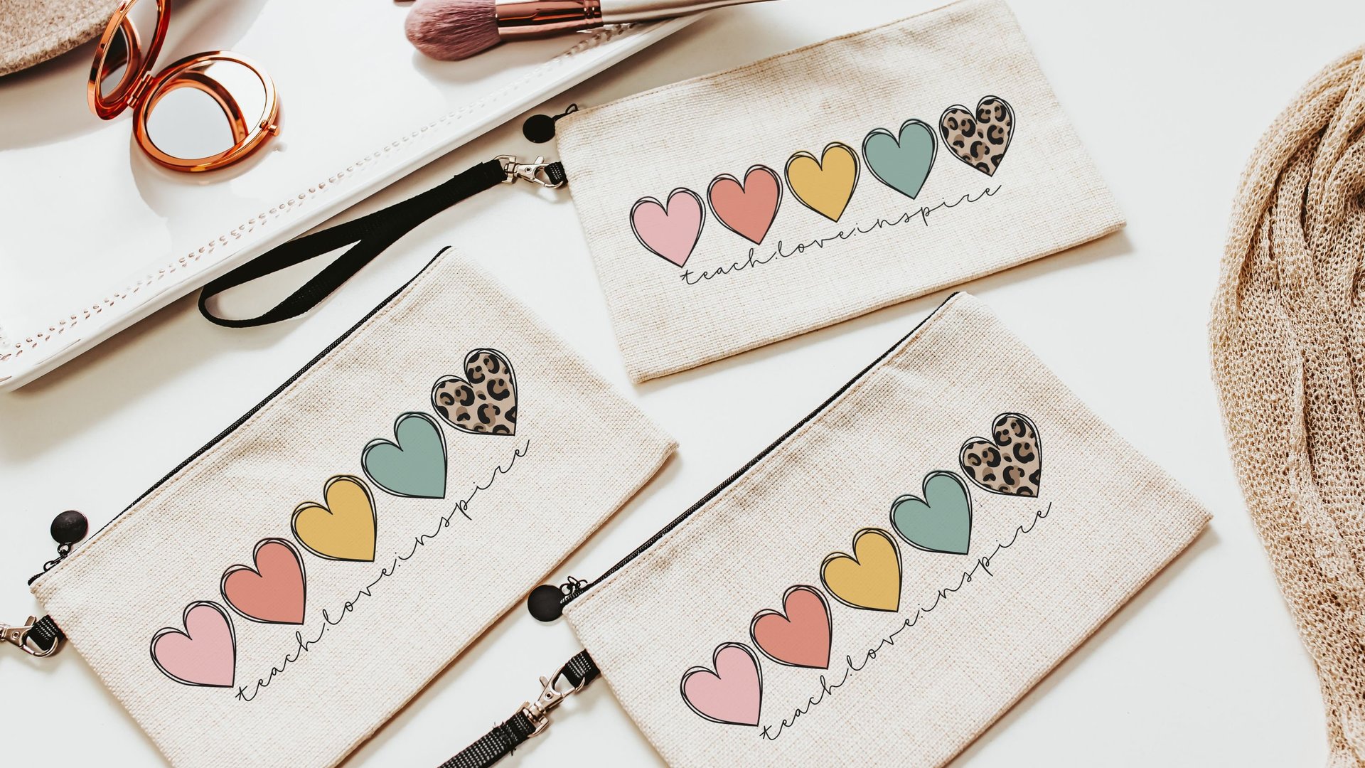 teach love inspire boho wristlet with strap, cute teacher gifts for women, first year teacher makeup bag for purse, best gifts for teachers