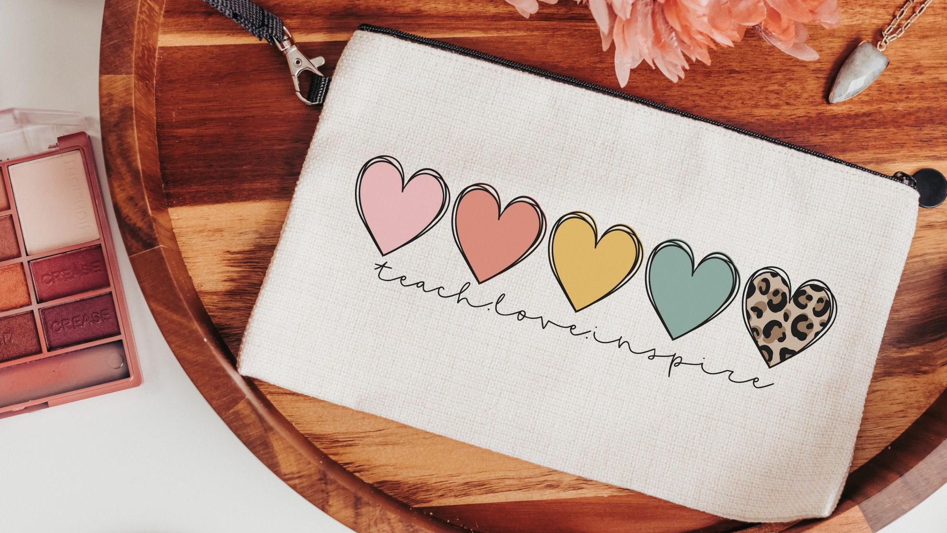 teach love inspire boho wristlet with strap, cute teacher gifts for women, first year teacher makeup bag for purse, best gifts for teachers