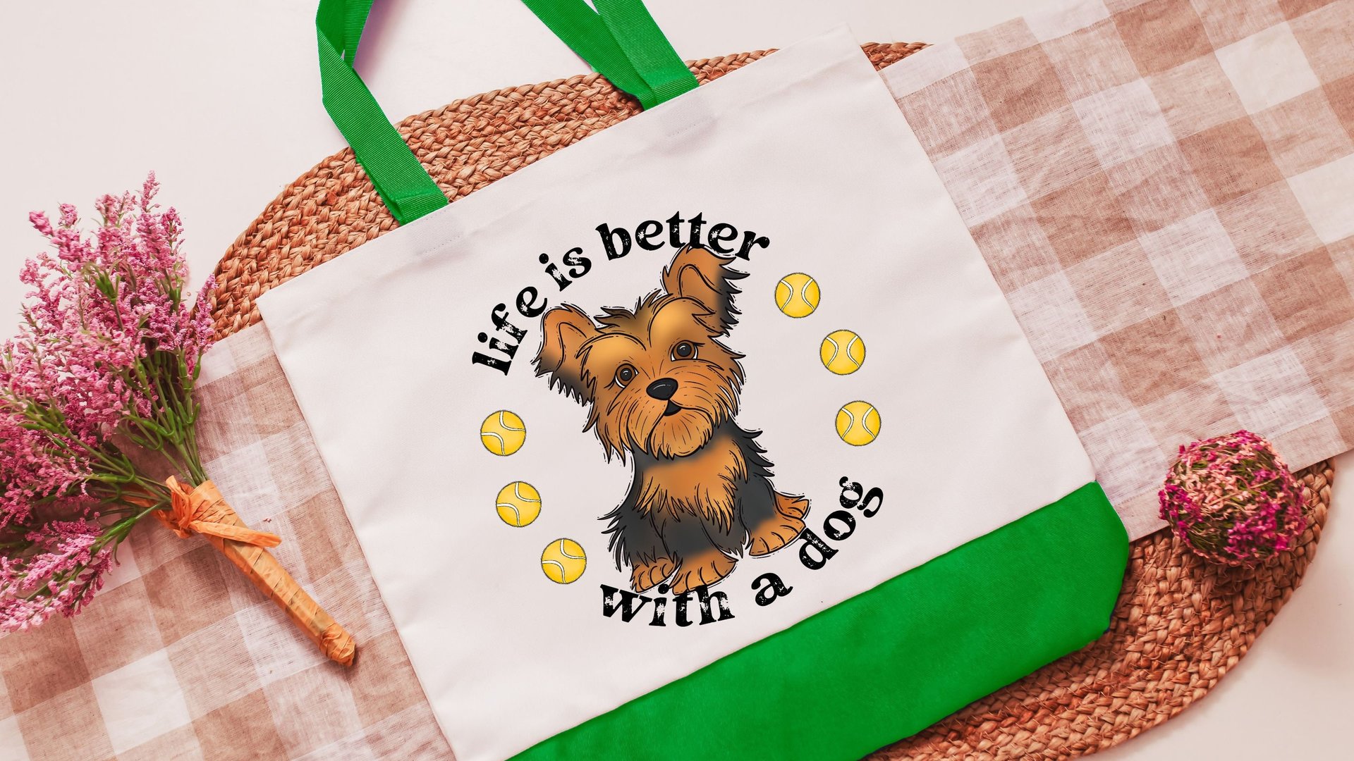 life is better with dogs Yorkshire terrier tote bag for women, cute Mothers day gifts from dog lover tote bag for books, Yorkie gifts, best