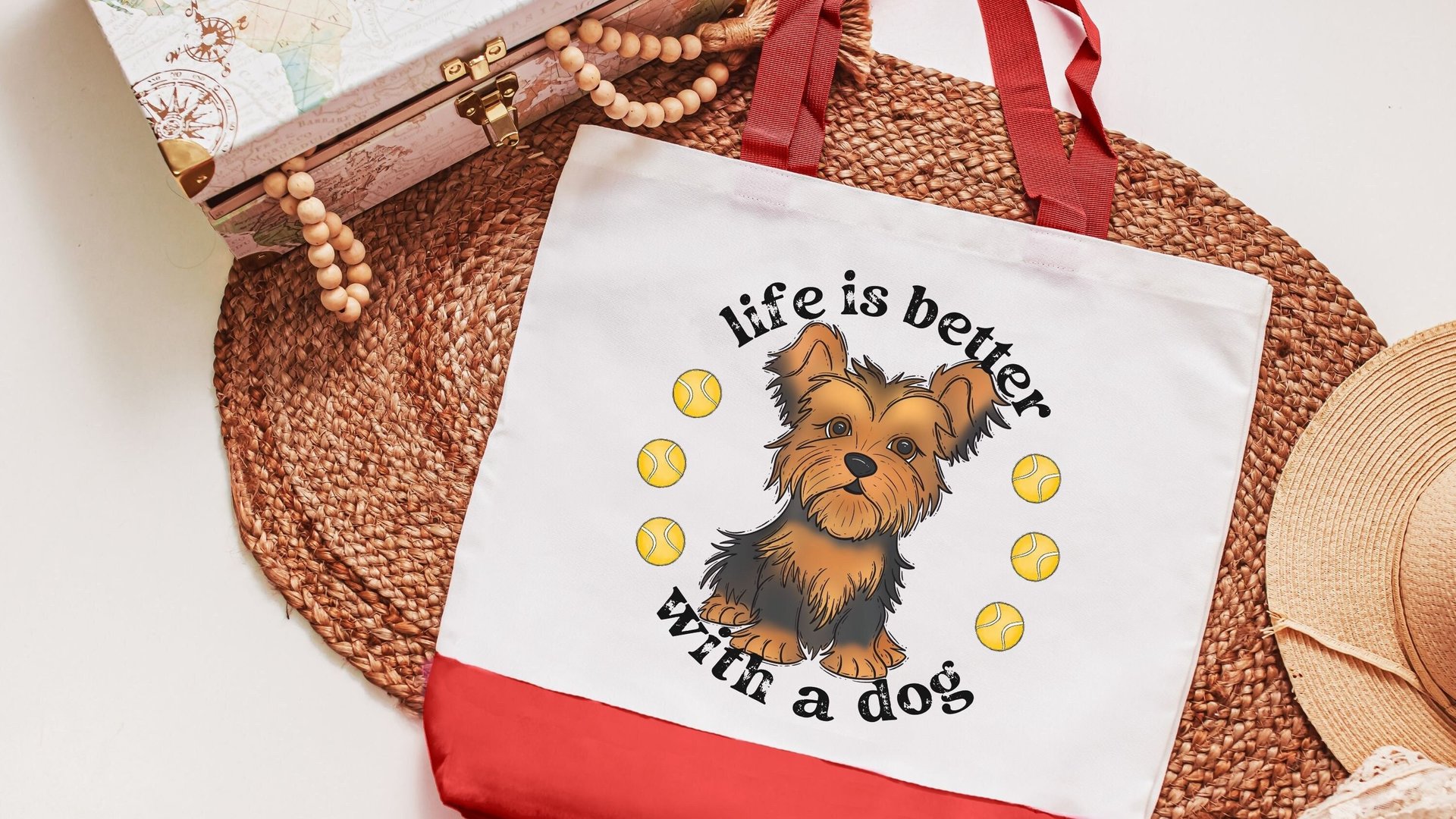 life is better with dogs Yorkshire terrier tote bag for women, cute Mothers day gifts from dog lover tote bag for books, Yorkie gifts, best