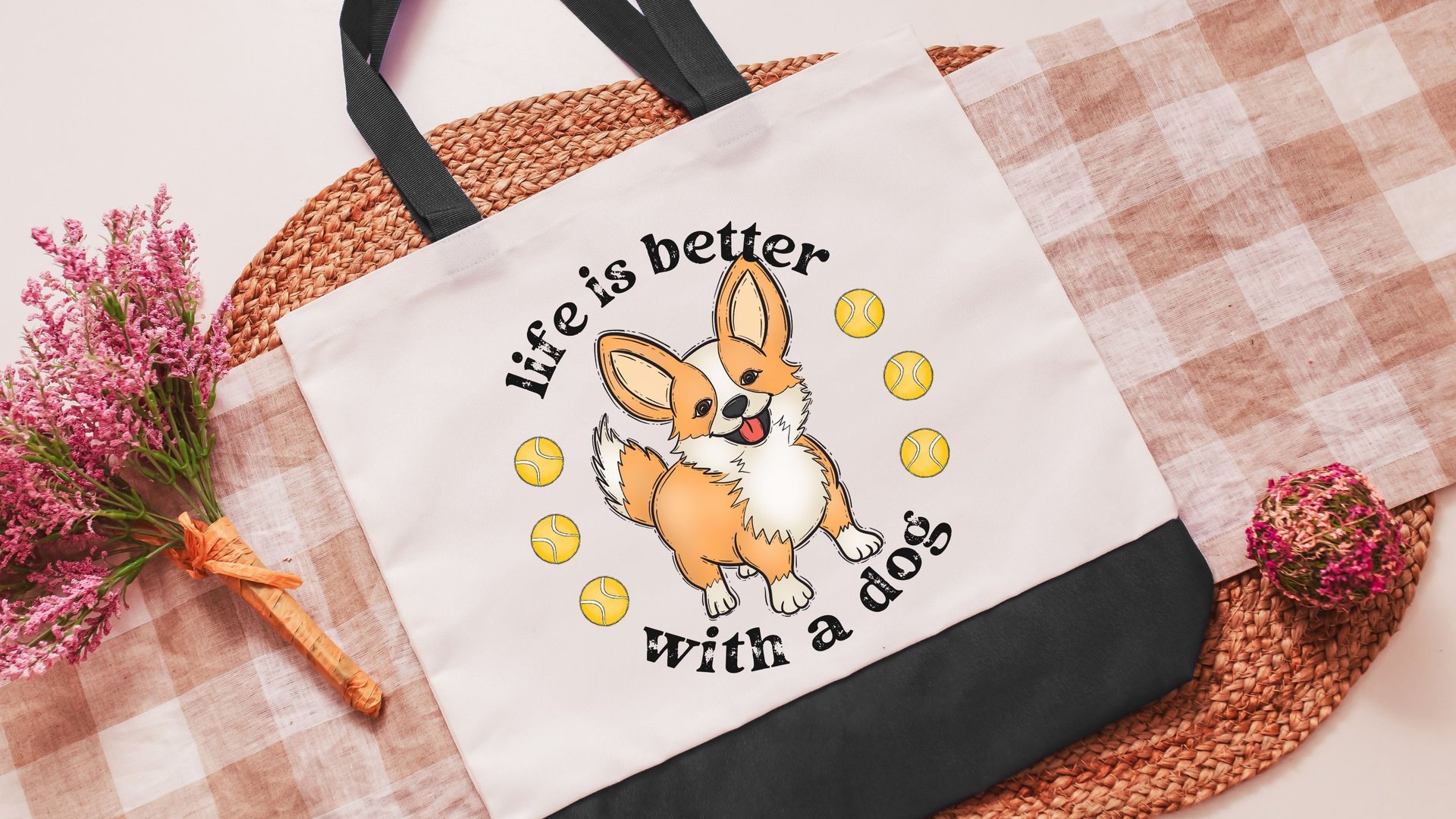 life is better with a dog corgi tote bag for women, cute corgi gifts for corgi lovers, Mothers day gifts for dog mom, corgi mom gifts, eco