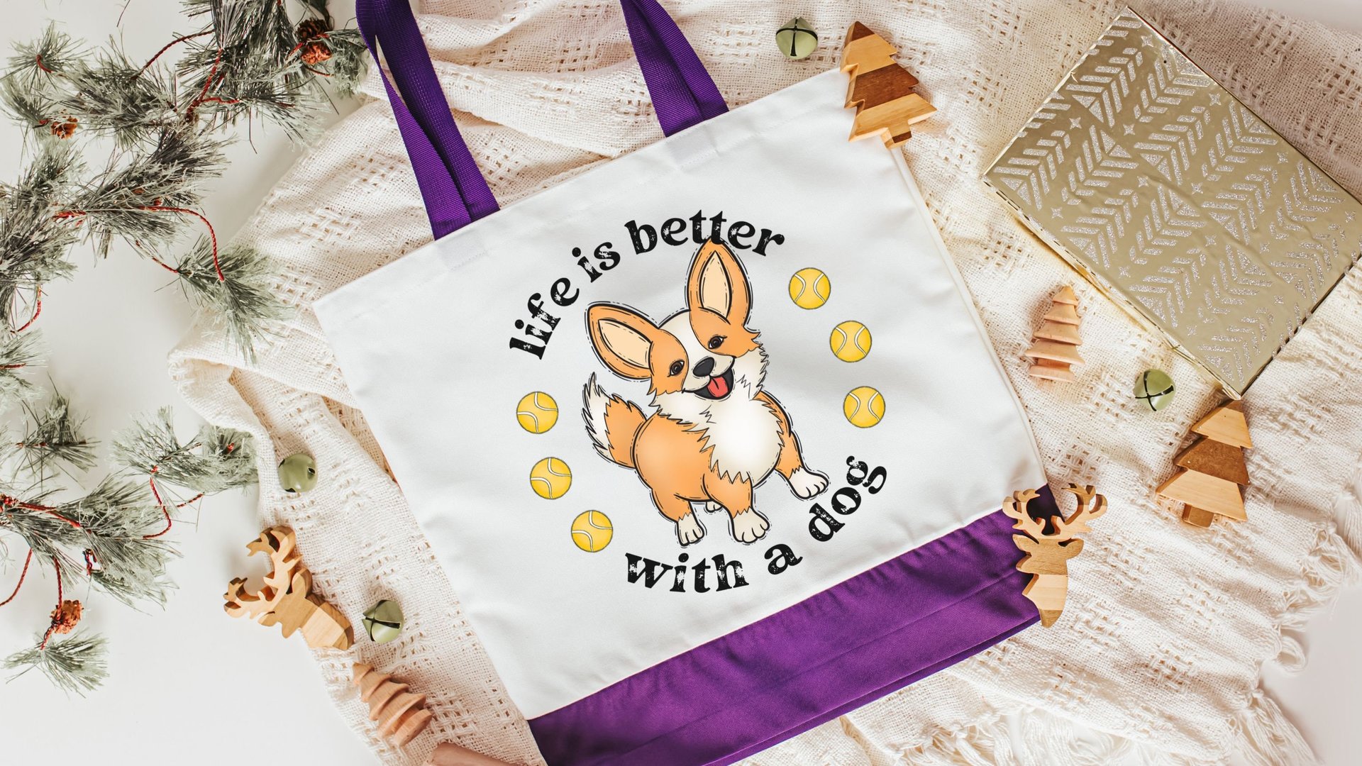 life is better with a dog corgi tote bag for women, cute corgi gifts for corgi lovers, Mothers day gifts for dog mom, corgi mom gifts, eco