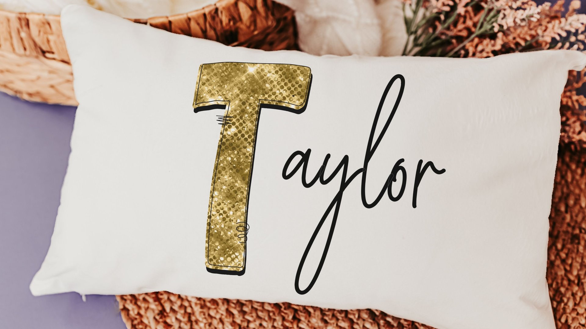 personalized gold sparkle name pillow for dorm, teen girl gifts, lumbar bed pillow for reading, cute pillows for girls, unique gifts for