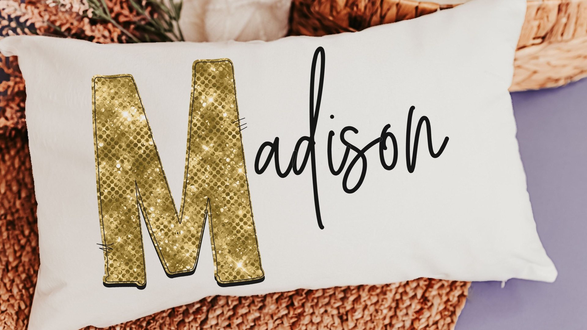 personalized gold sparkle name pillow for dorm, teen girl gifts, lumbar bed pillow for reading, cute pillows for girls, unique gifts for
