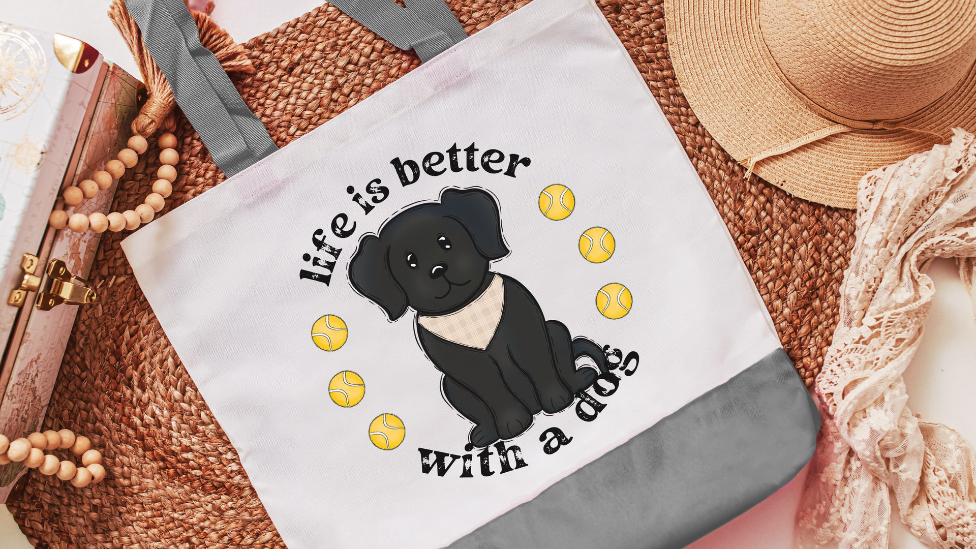 life is better with a dog labrador retriever tote bags for dog lovers, black lab totes for women, black labrador mom gift, cute dog gifts