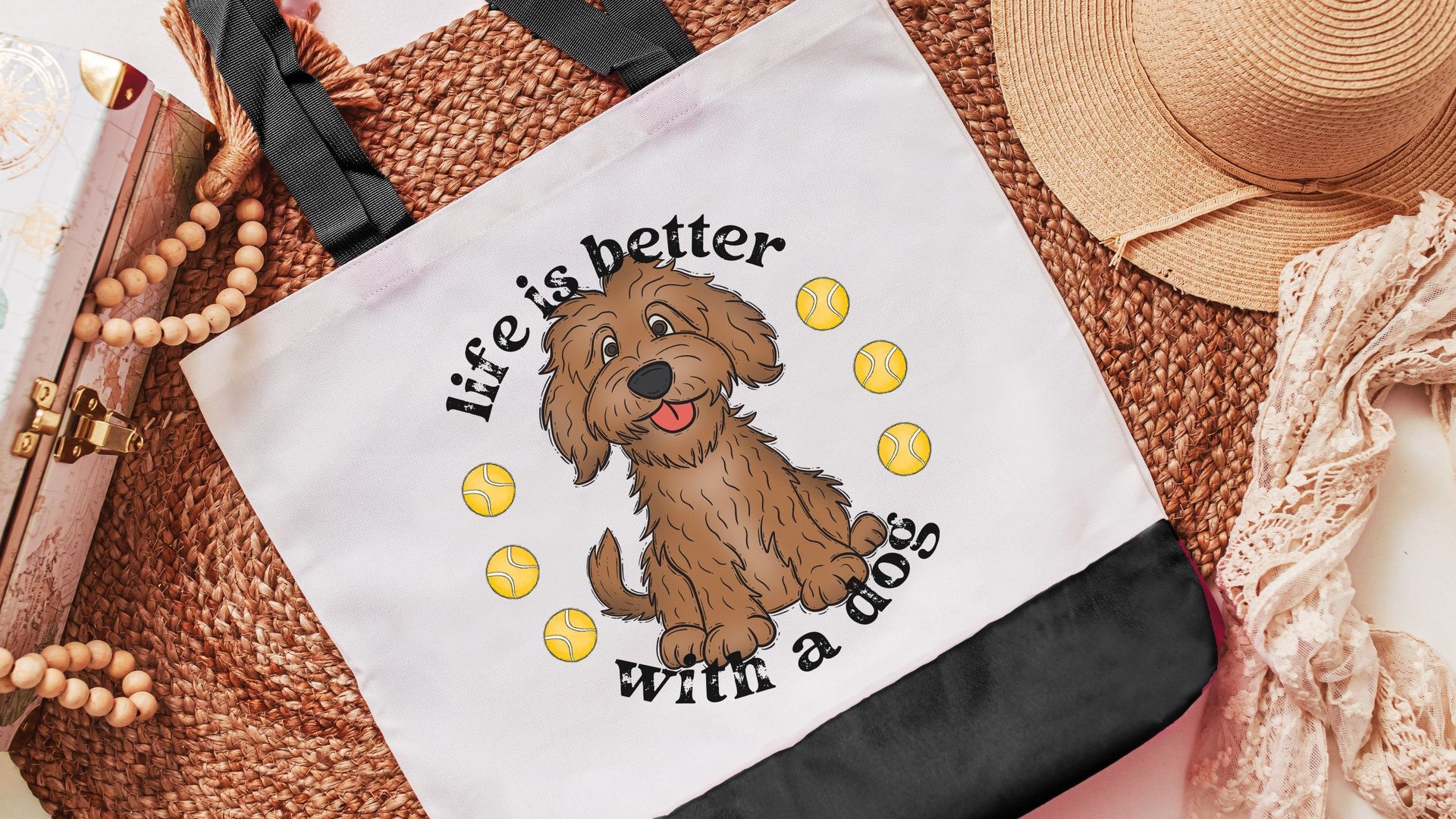 life is better with dogs labradoodle tote bag for women, cute Mothers day gifts from dog, reusable shopping bag, labradoodle gifts