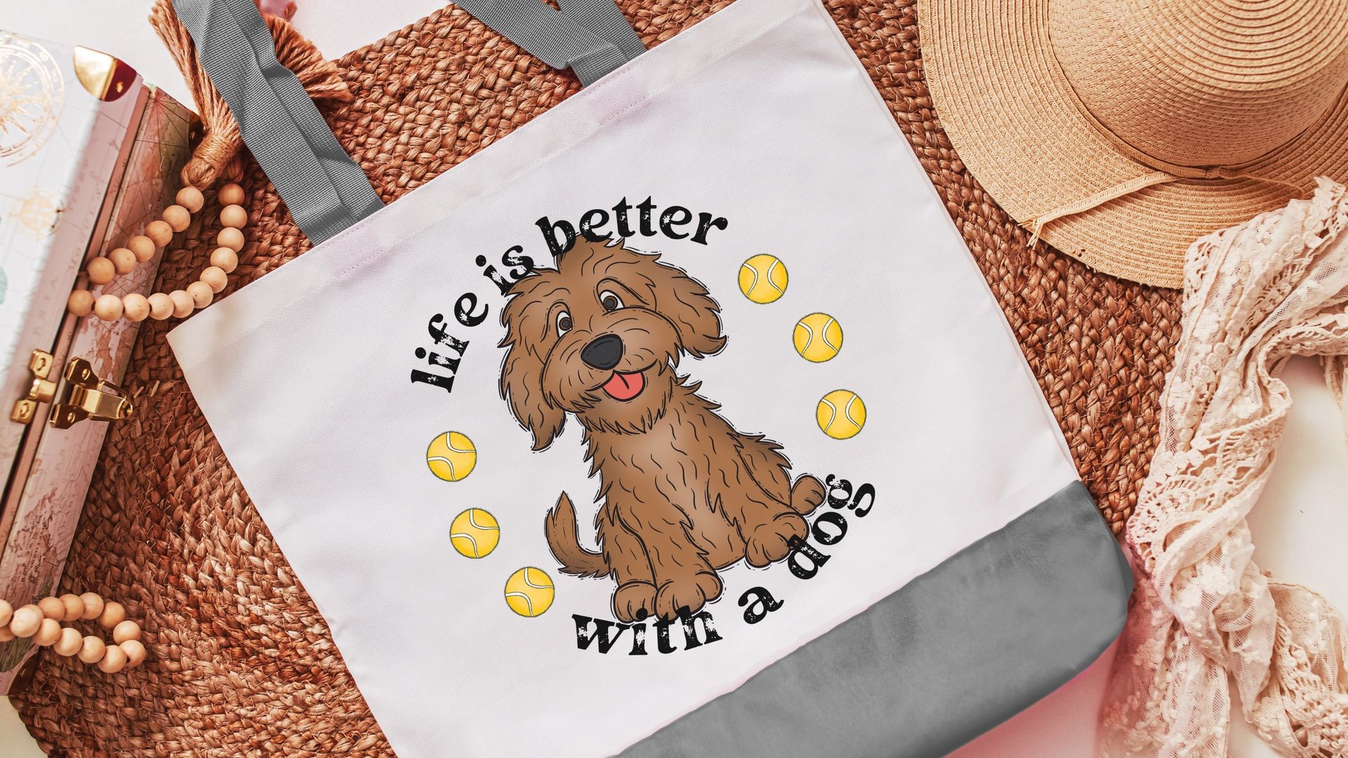 life is better with dogs labradoodle tote bag for women, cute Mothers day gifts from dog, reusable shopping bag, labradoodle gifts