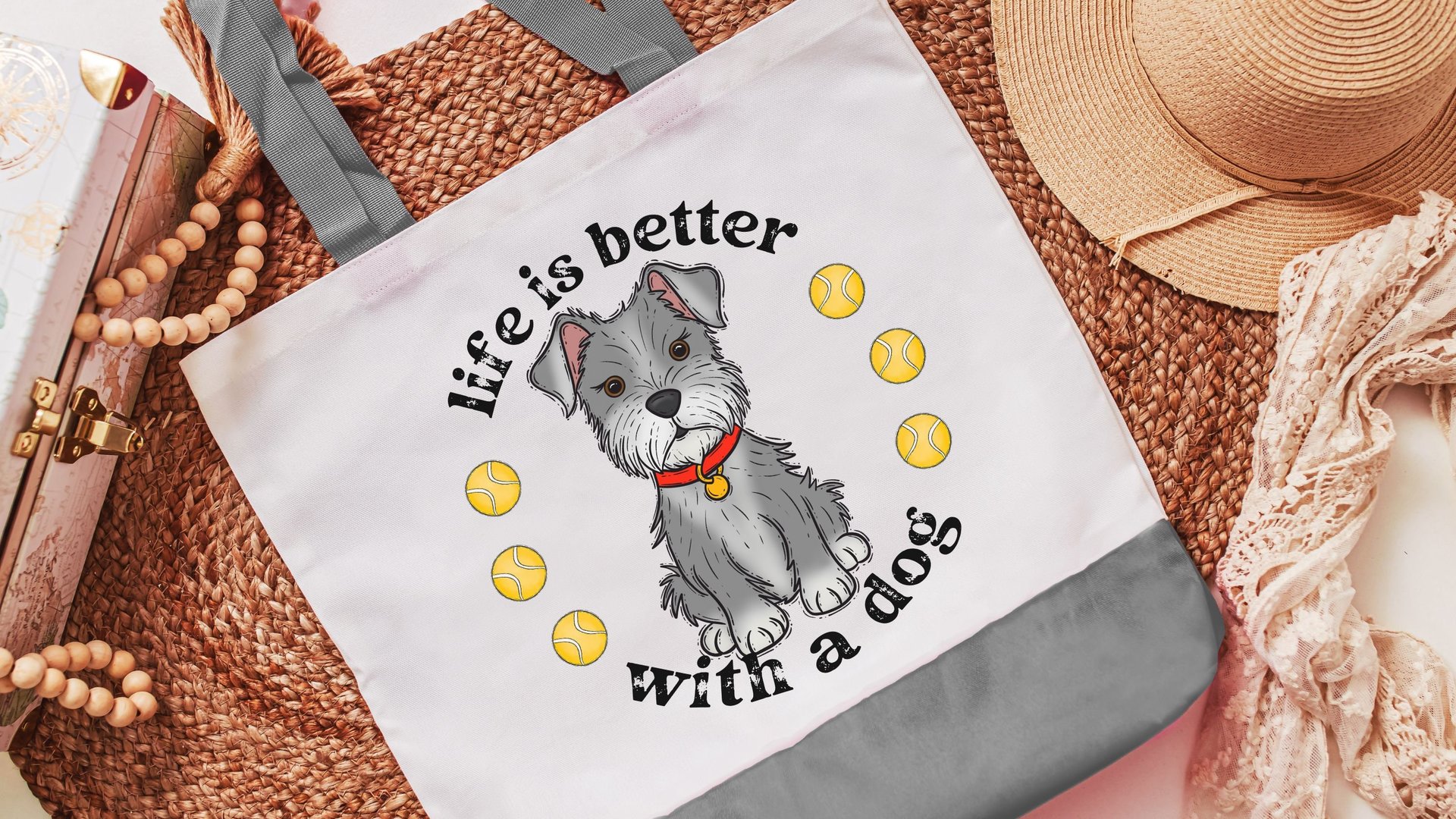 life is better with dogs miniature schnauzer tote bag for women, cute Mothers day gifts from dog, reusable shopping bag, schnauzer gifts
