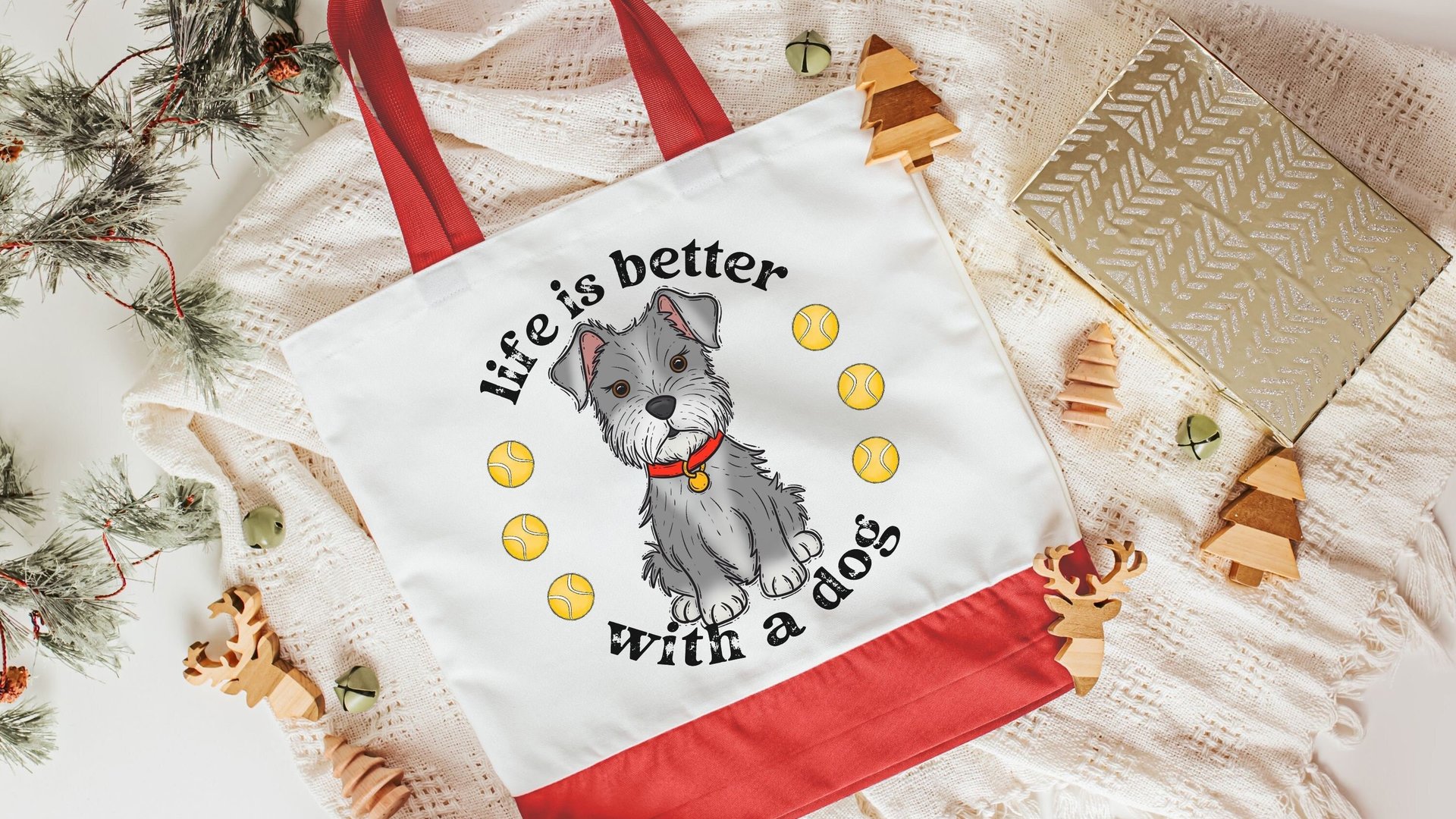 life is better with dogs miniature schnauzer tote bag for women, cute Mothers day gifts from dog, reusable shopping bag, schnauzer gifts