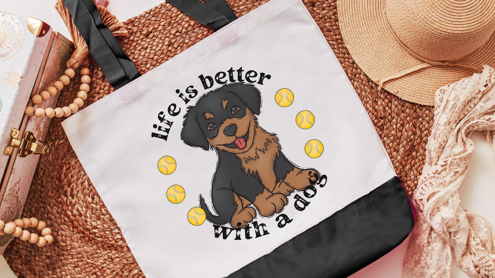 life is better with dogs rottweiler tote bag for women, rottie mama rottweiler gifts, reusable shopping bag, dog lover gift for her, cute