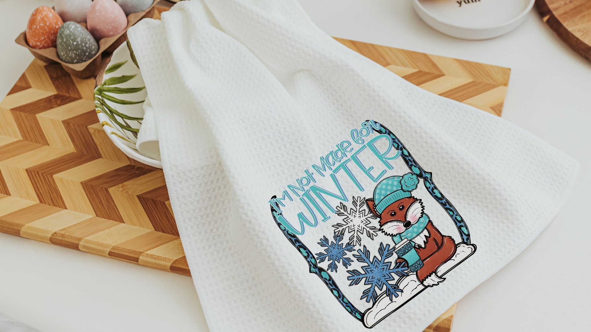 winter woodland hand towels blue Christmas kitchen towels for mom, stocking stuffers for adults, cute Christmas gifts for sister, winter fox
