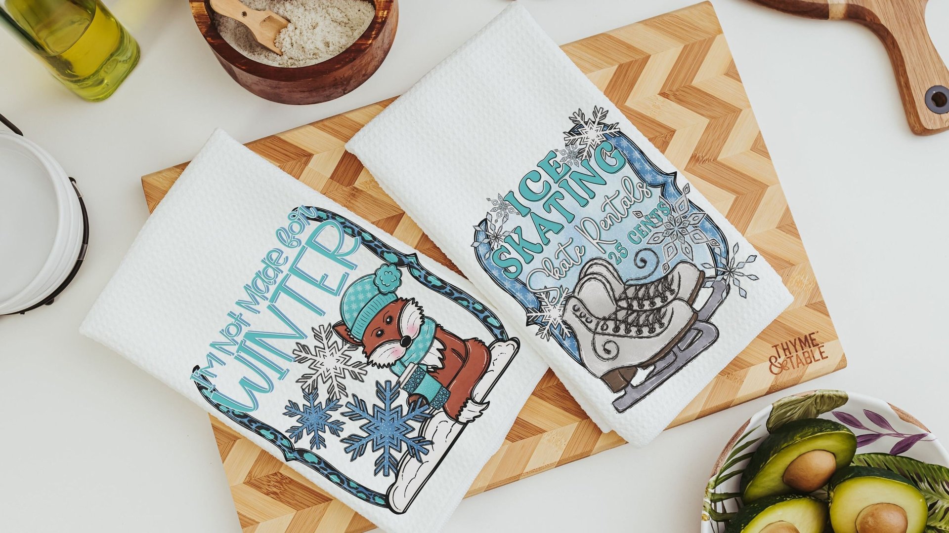 winter woodland hand towels blue Christmas kitchen towels for mom, stocking stuffers for adults, cute Christmas gifts for sister, winter fox