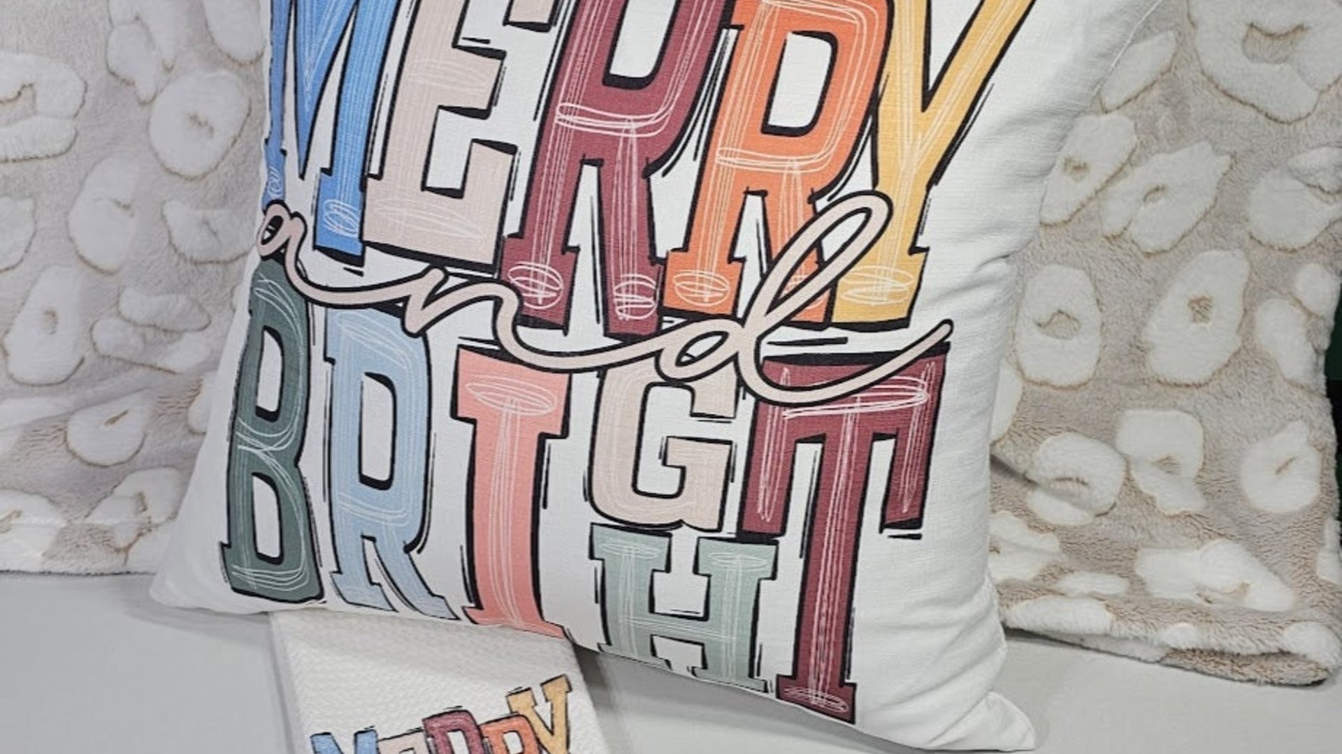 merry and bright cute Christmas throw pillow for sofa, trendy Christmas decor for home, boho Christmas kitchen towel, Christmas gift set new