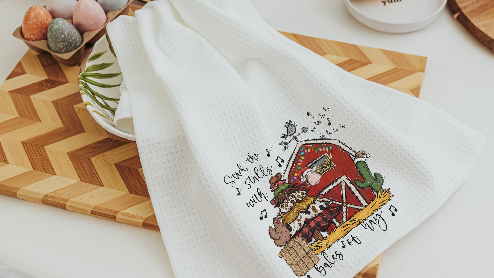 deck the halls farm Christmas kitchen towels for winter, cute Christmas hostess gifts for women, funny stocking stuffers for adult, red barn