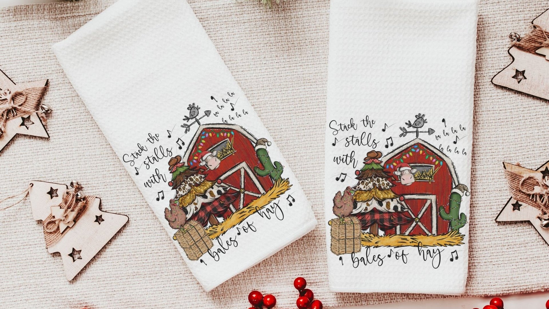 deck the halls farm Christmas kitchen towels for winter, cute Christmas hostess gifts for women, funny stocking stuffers for adult, red barn